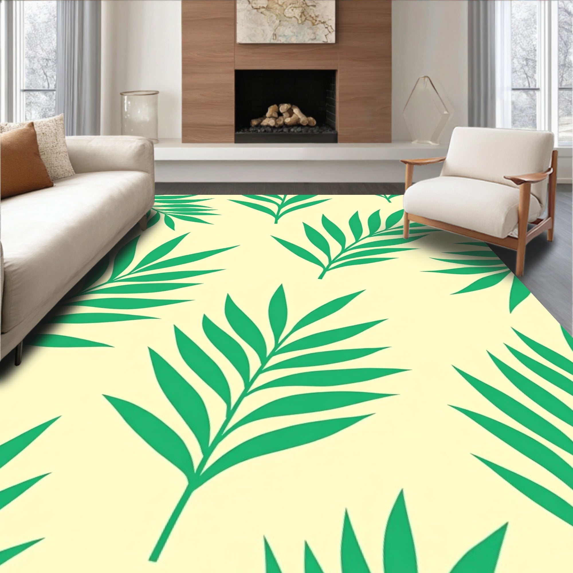 Green Leaf Pattern With Yellow Background Rug