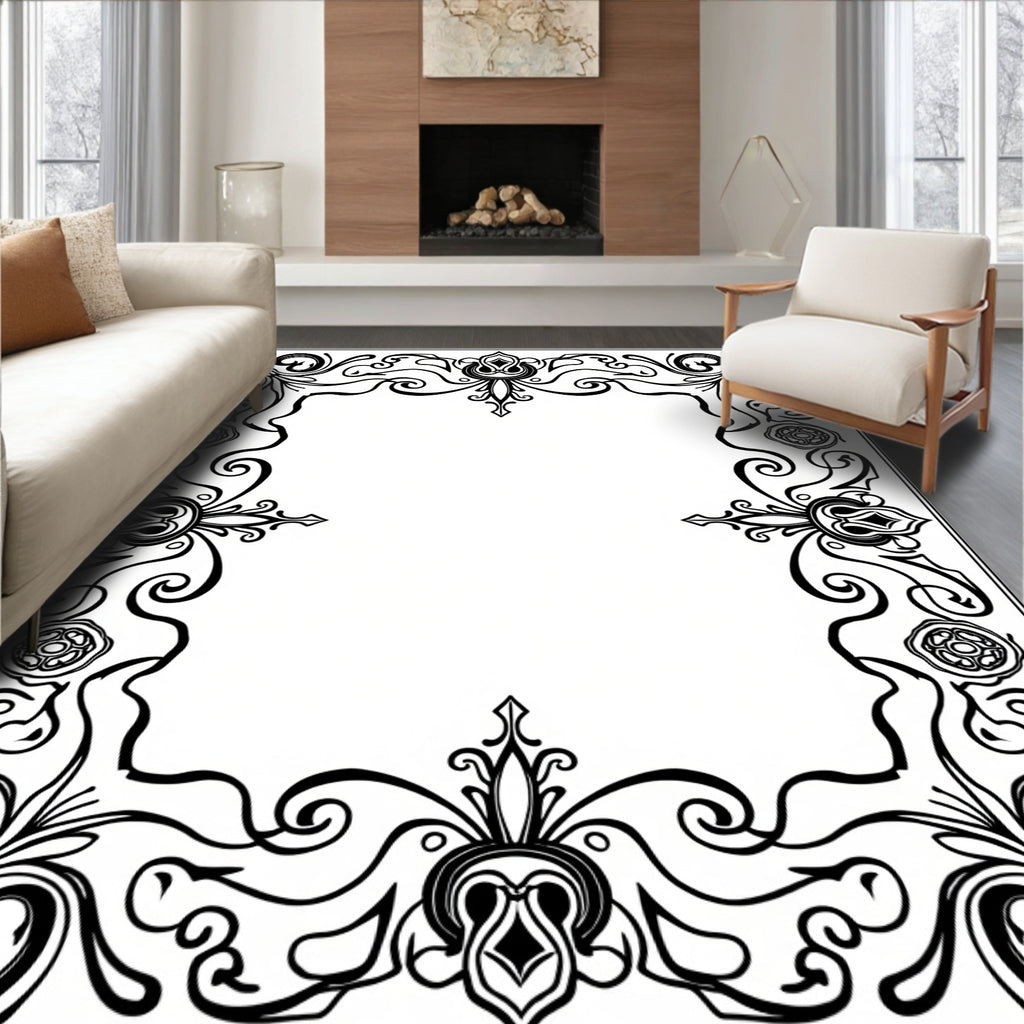 Ornate Black Swirl Corner Border Design Rug