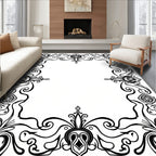 Ornate Black Swirl Corner Border Design Rug