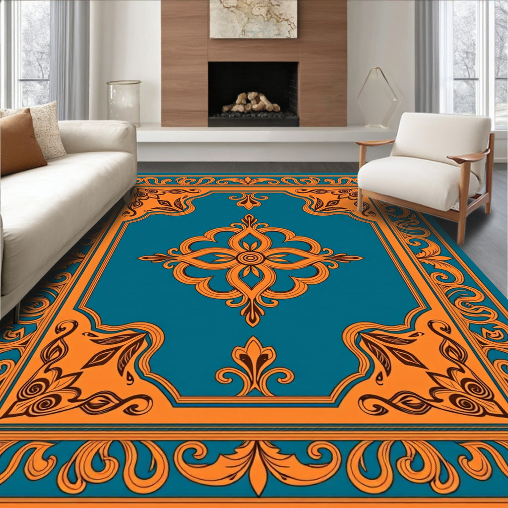 Intricate Orange Floral Teal Design Rug