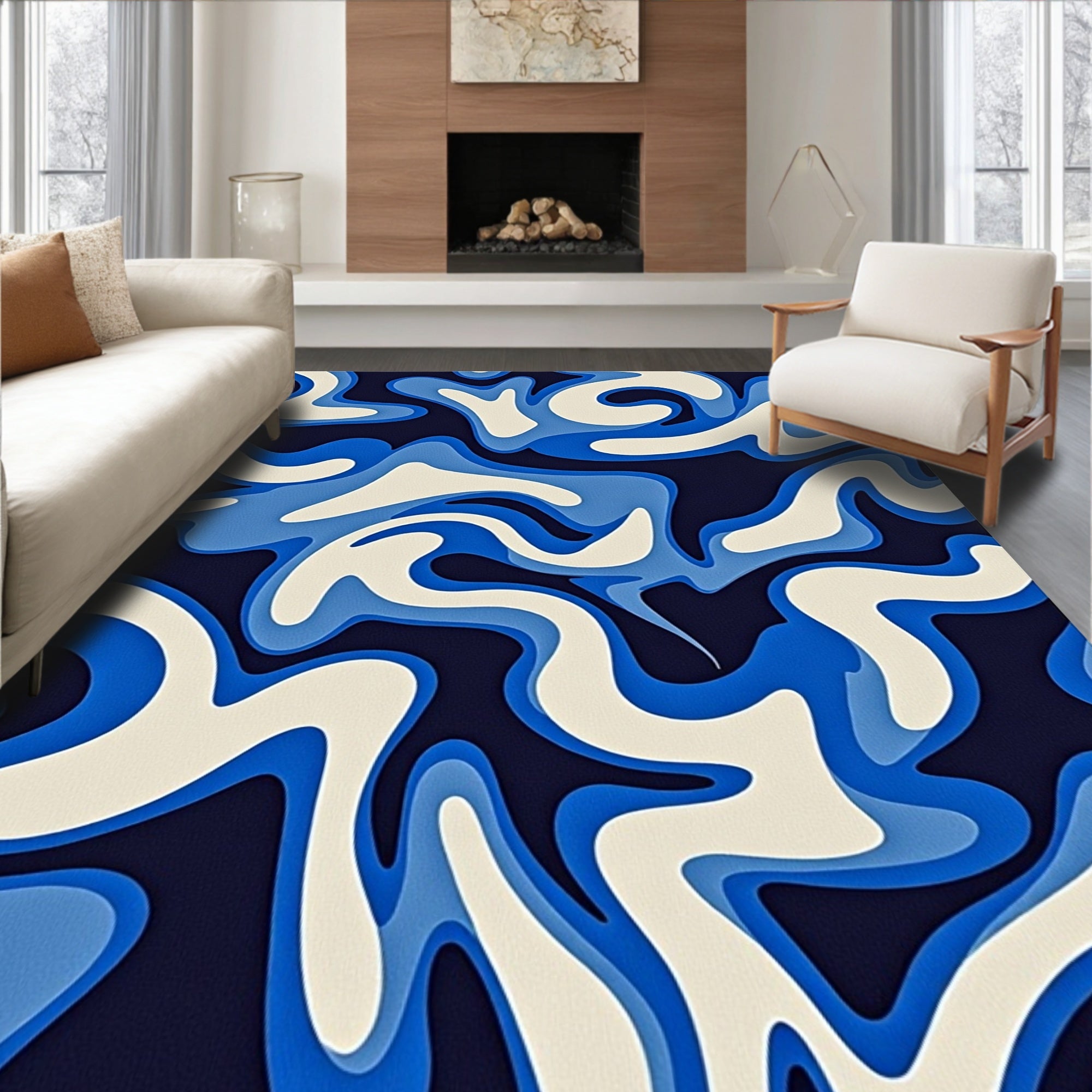 Abstract Blue Swirls Pattern Rug