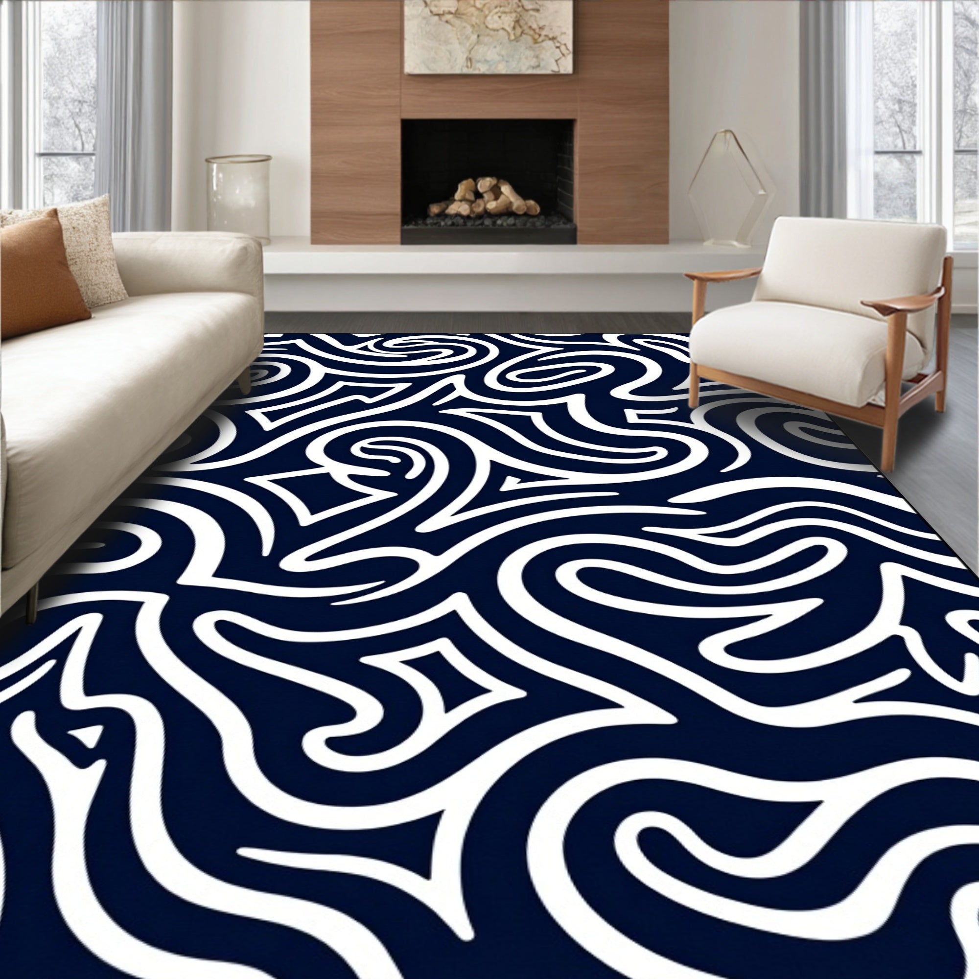 Navy White Abstract Swirl Pattern Rug