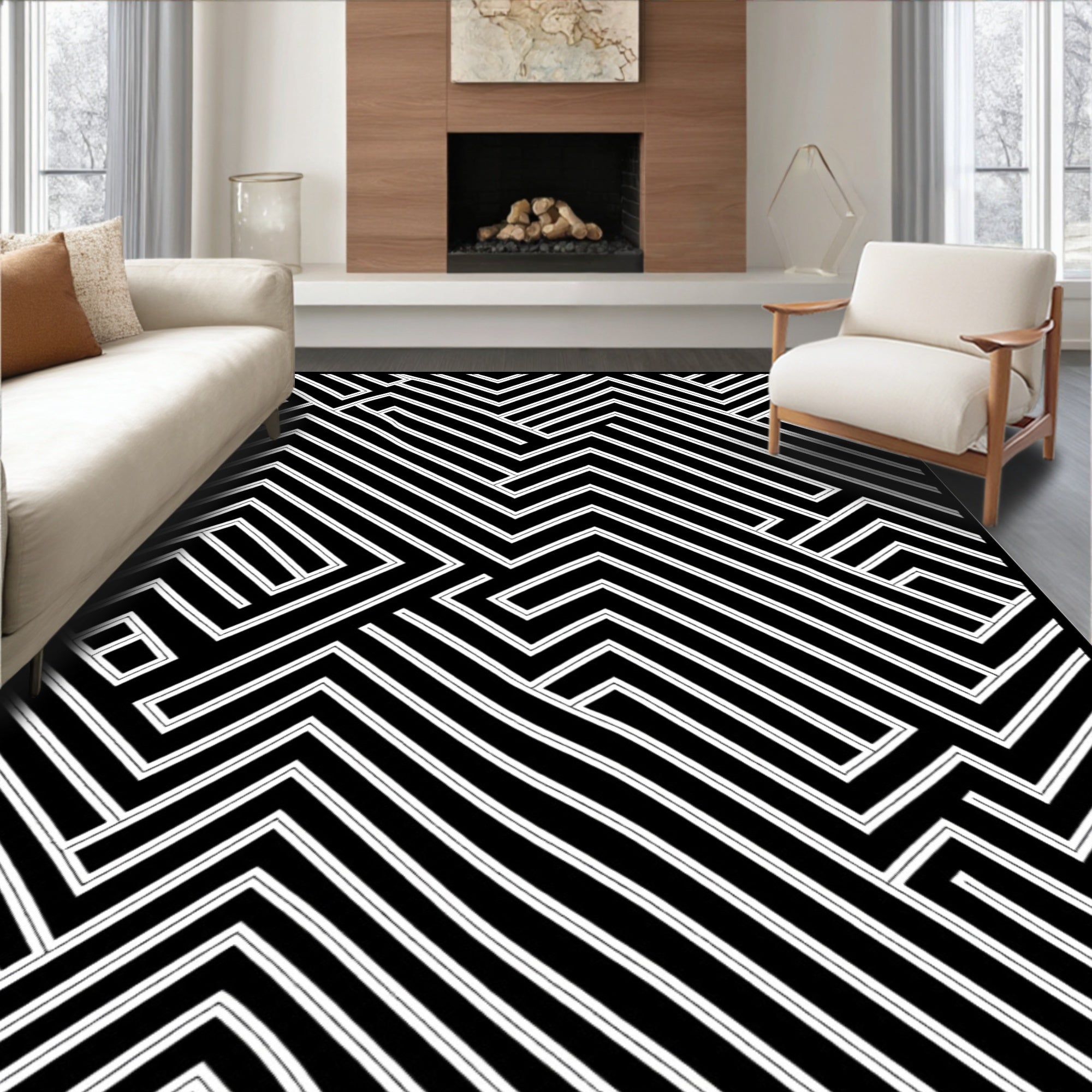 Angular Black White Line Art Rug
