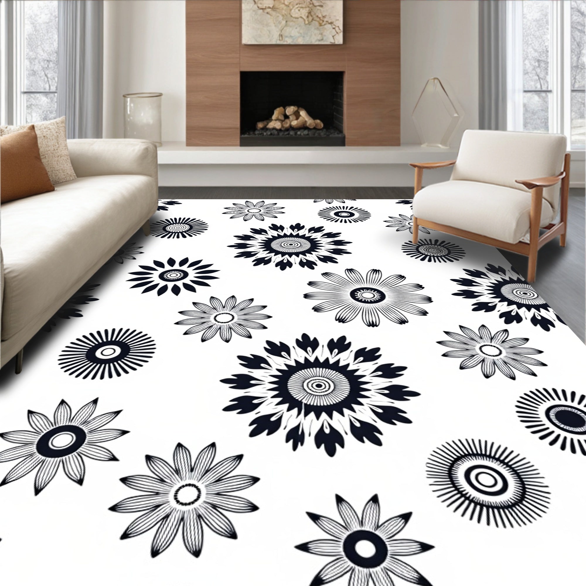 Floral Sunburst Tattoo Style Design Rug