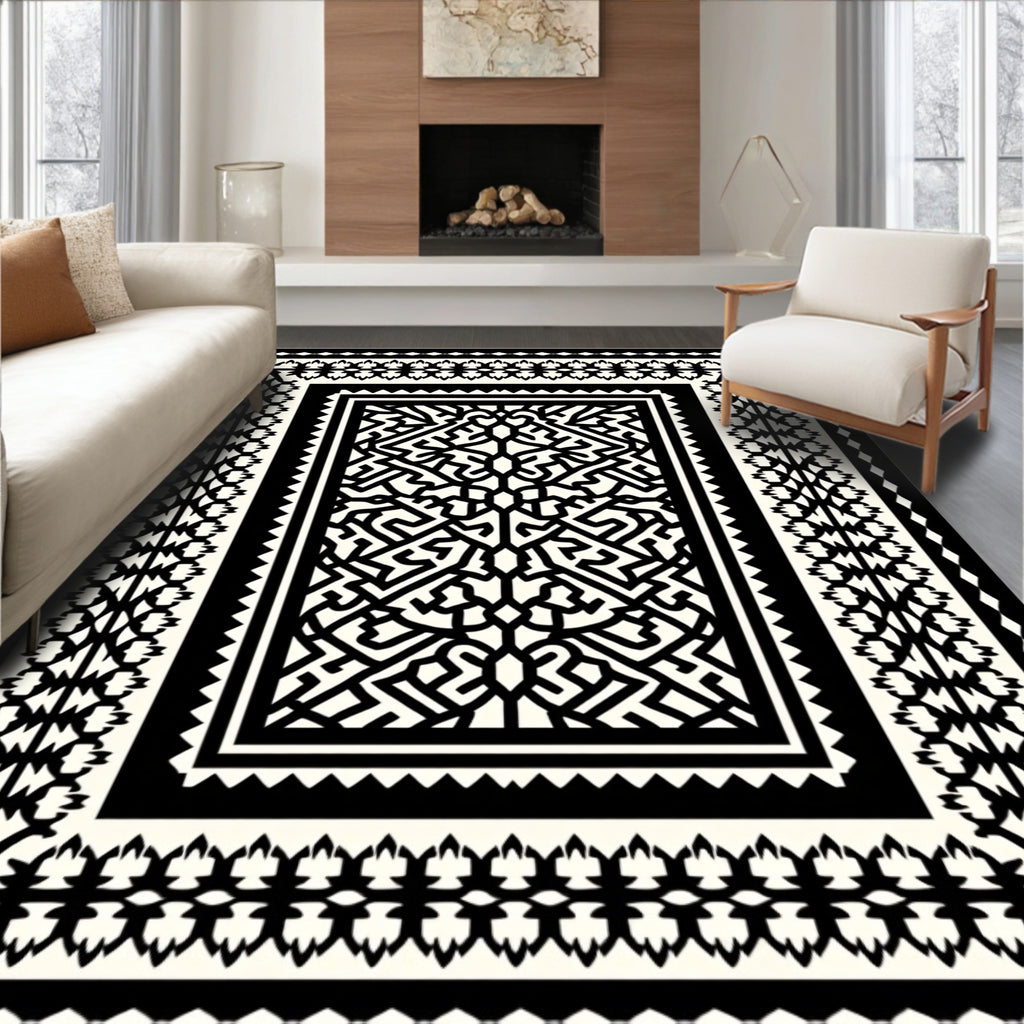 Bold Ornate Pattern Black Ivory Rug