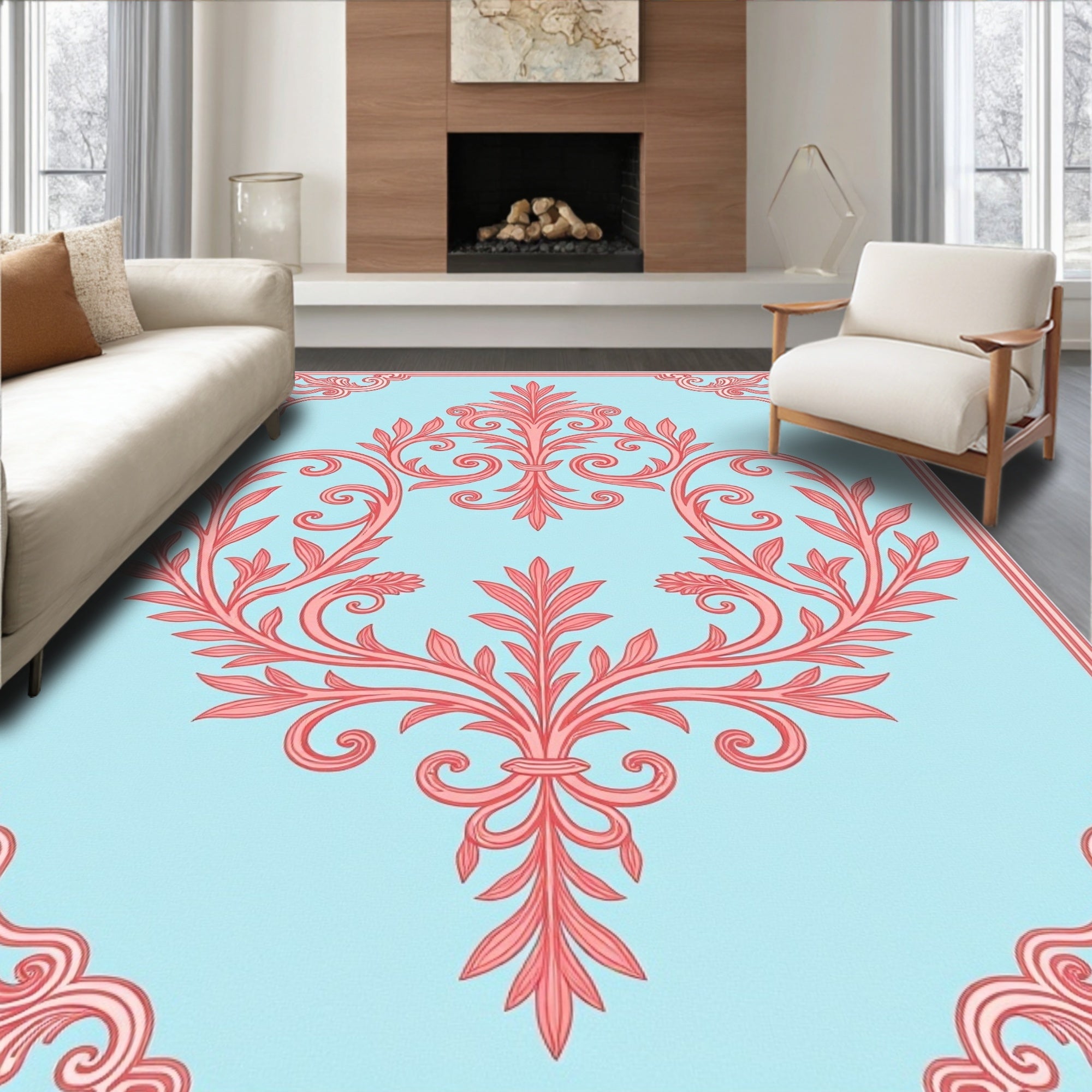 Coral Floral Scroll Patterned Rug