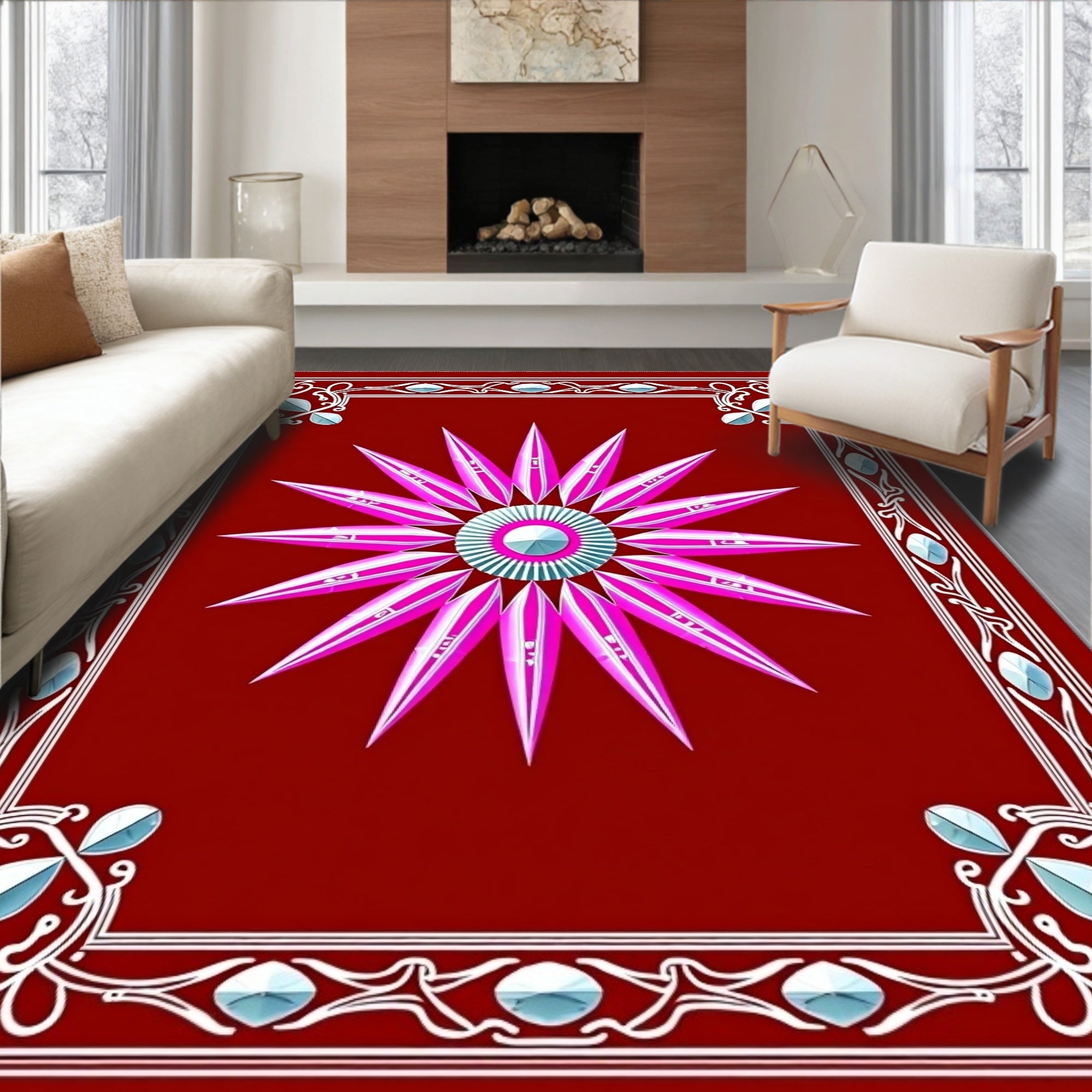 Radiant Pink Starburst Floral Pattern Rug