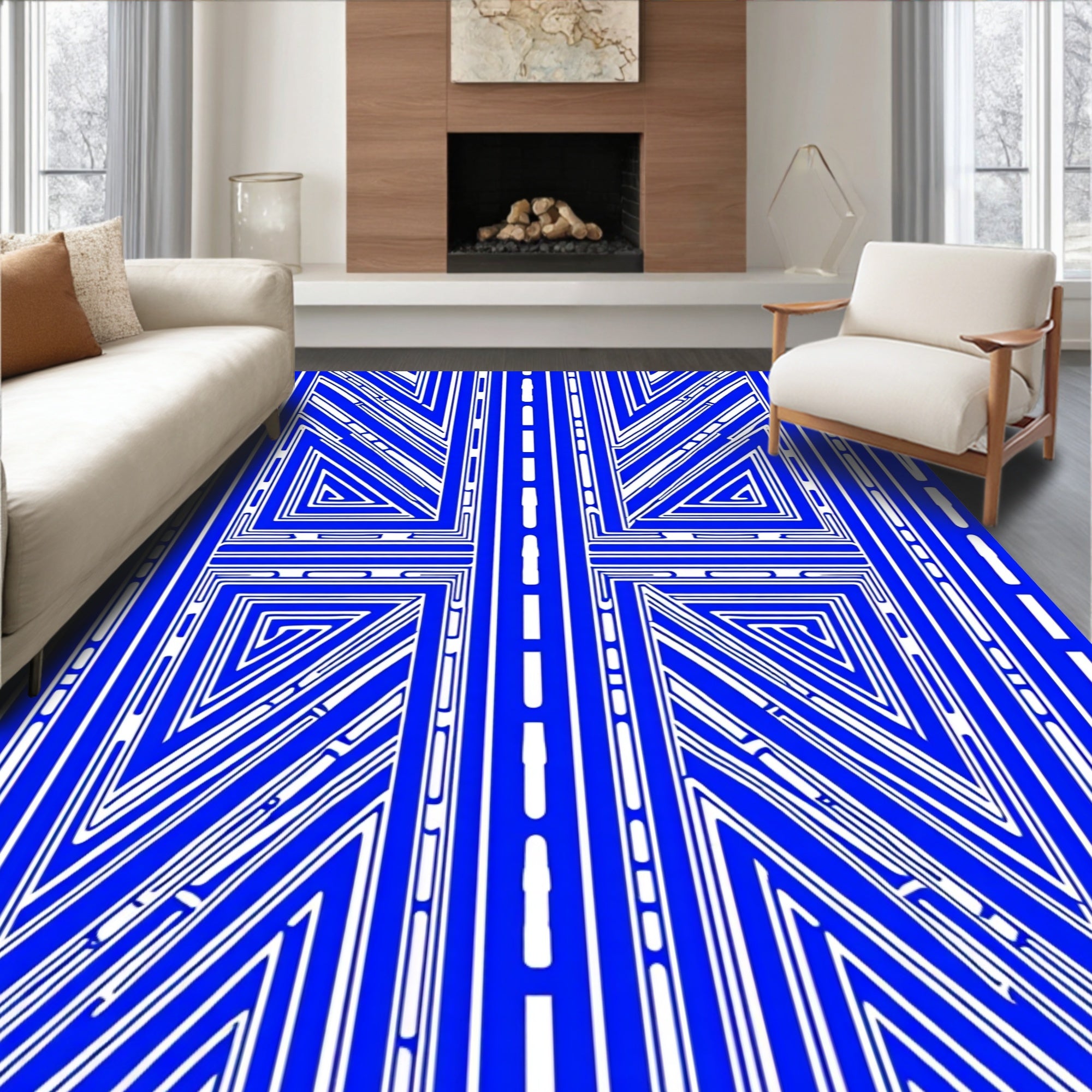 Abstract Geometric Blue White Design Rug