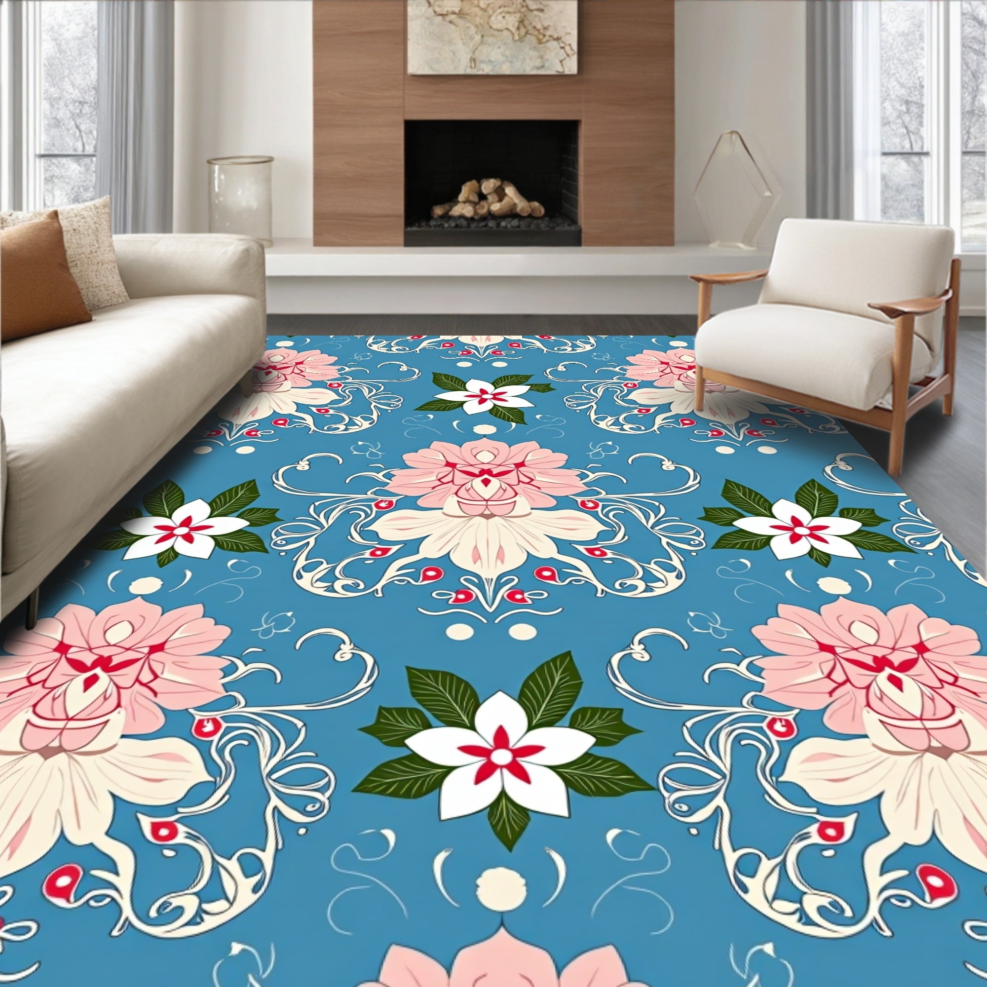 Vintage Pink Mandala Floral Blue Rug