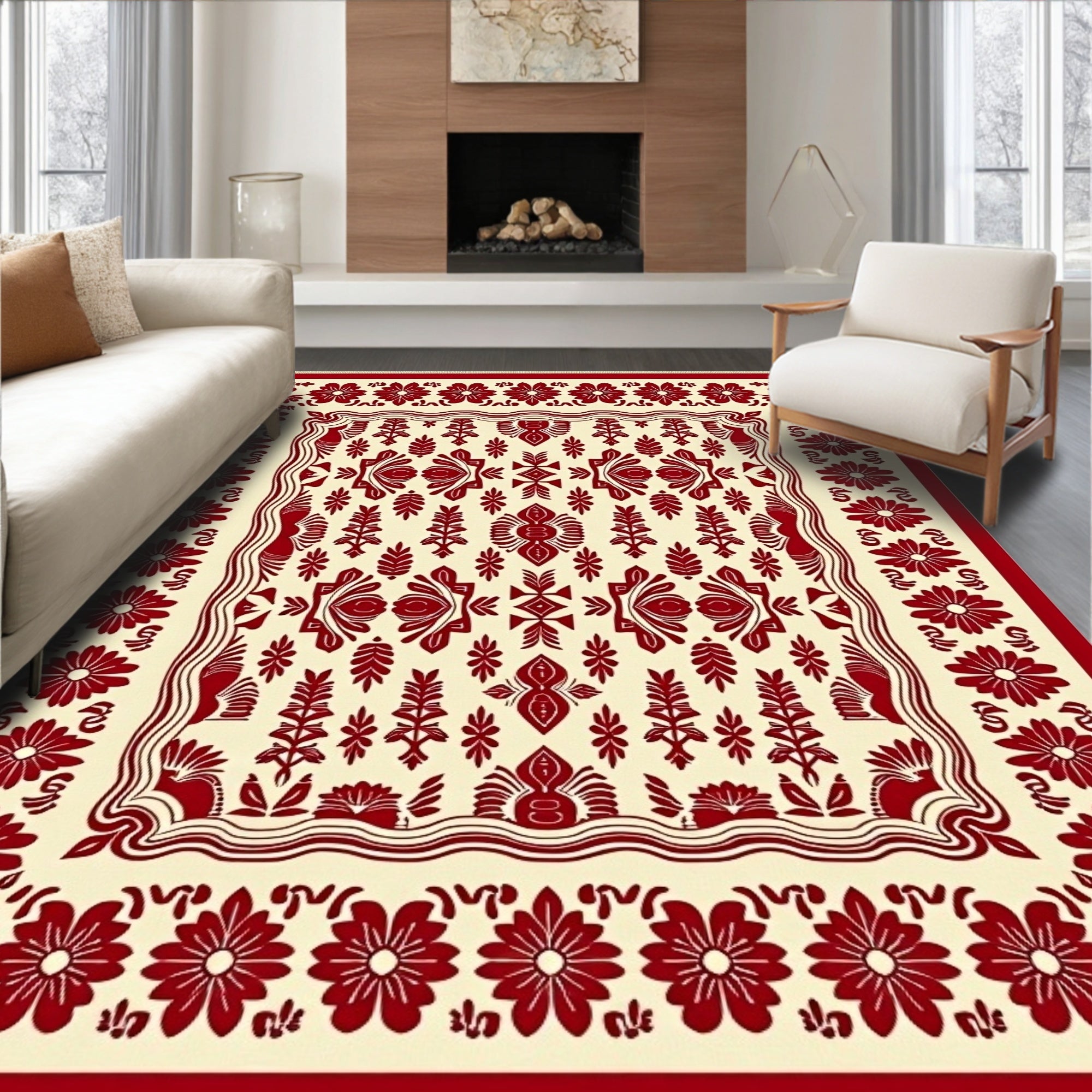 Red Floral Botanical Folk Art Rug