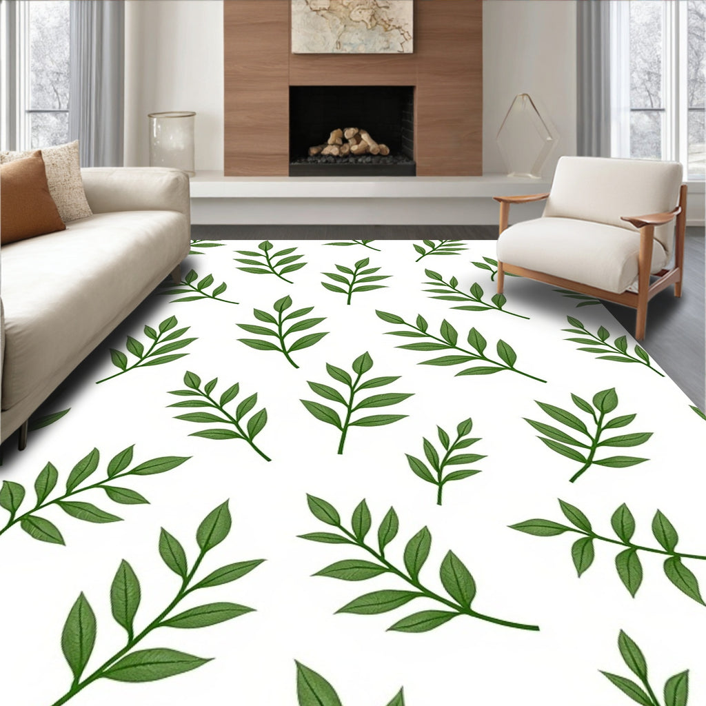 Simple Green Leaf Branch Pattern Rug