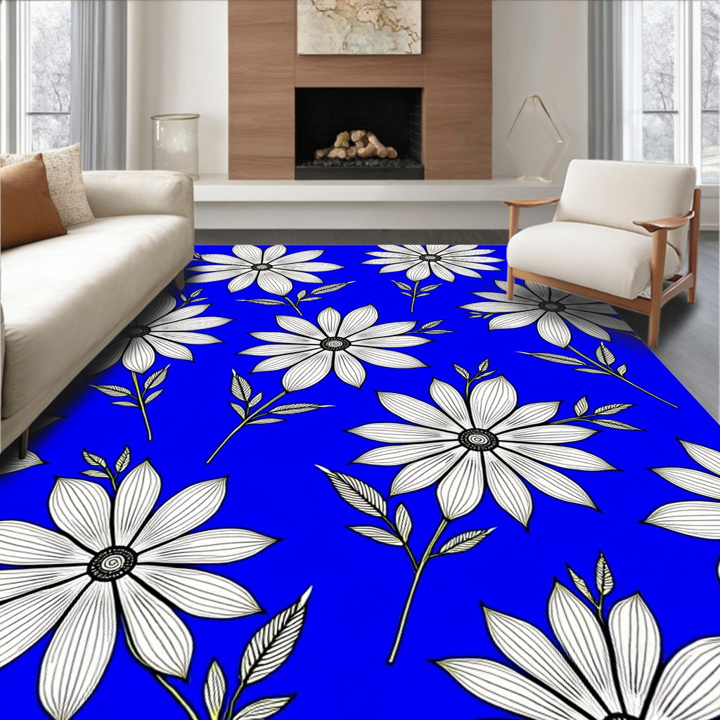 Bold White Flower Blue Pattern Rug