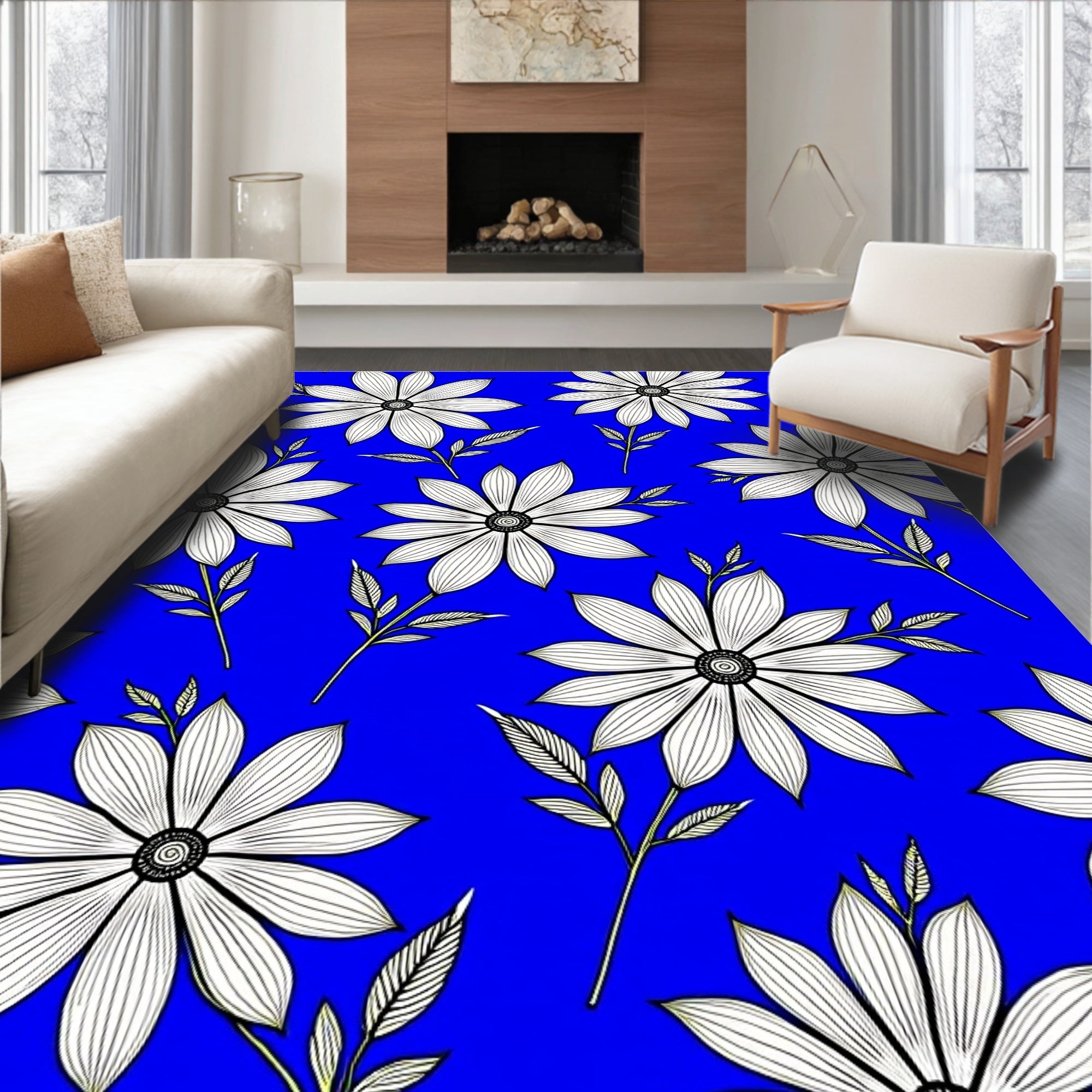 Bold White Flower Blue Pattern Rug