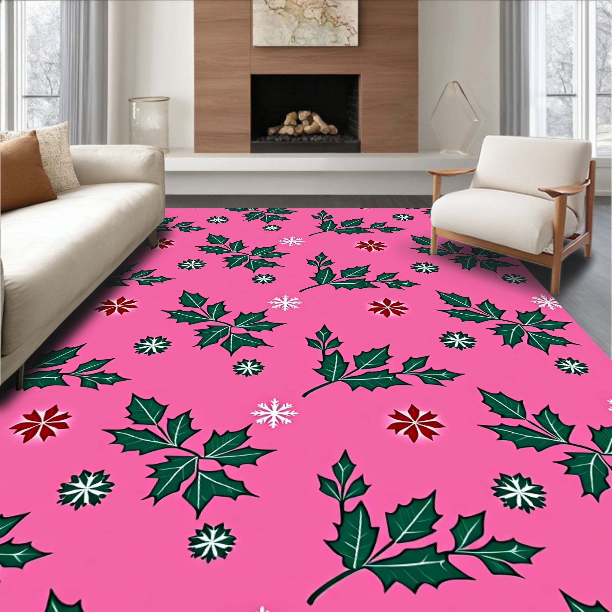 Pink Holly Leaf Snowflake Festive Rug