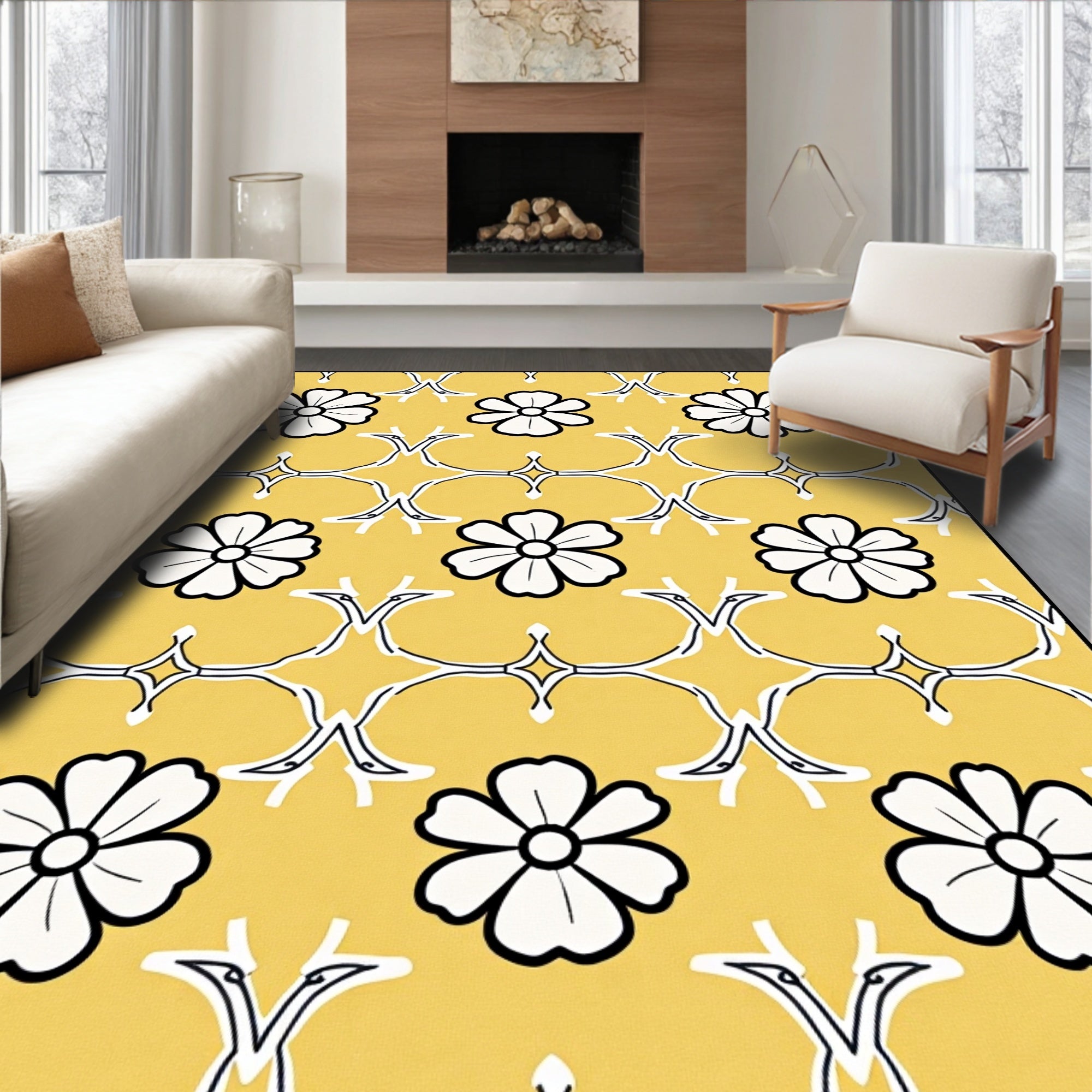 Classic Yellow Floral Silhouette Rug