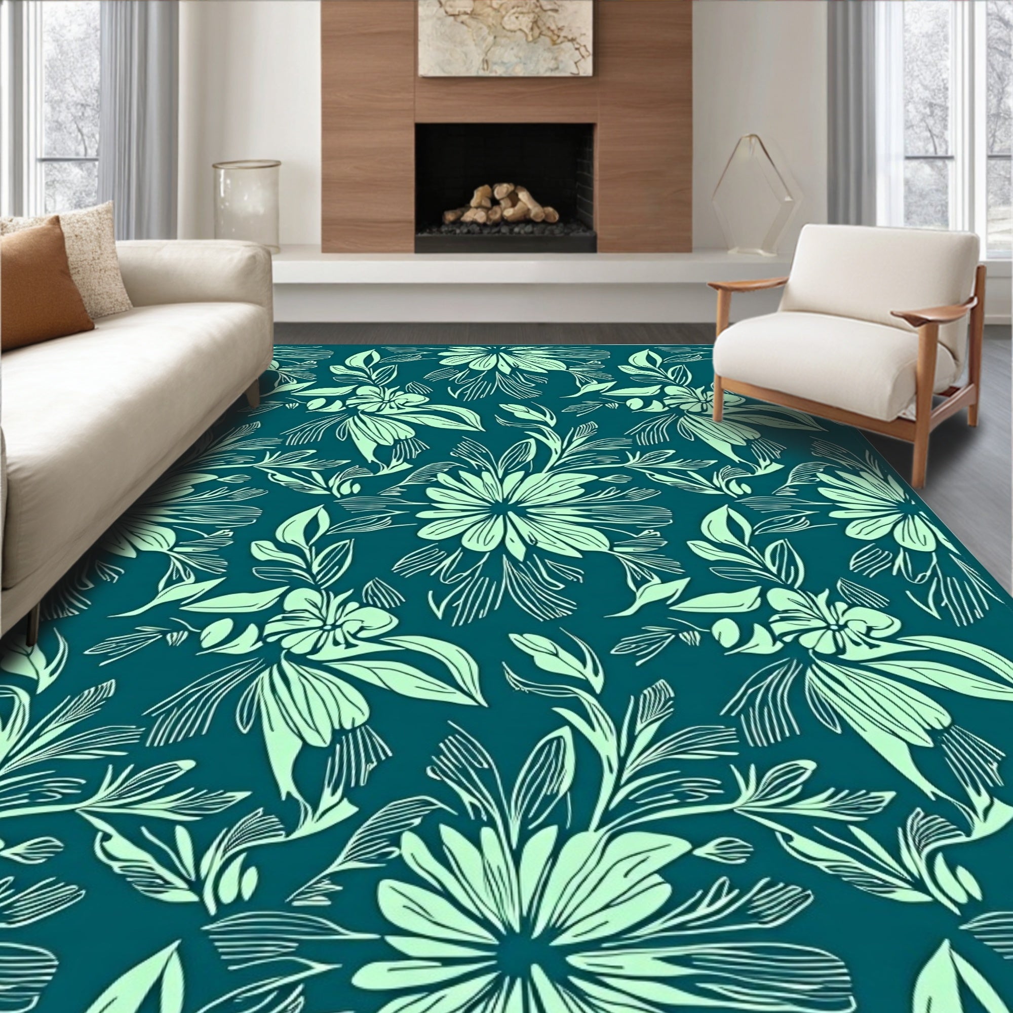 Teal Mint Floral Pattern Rug