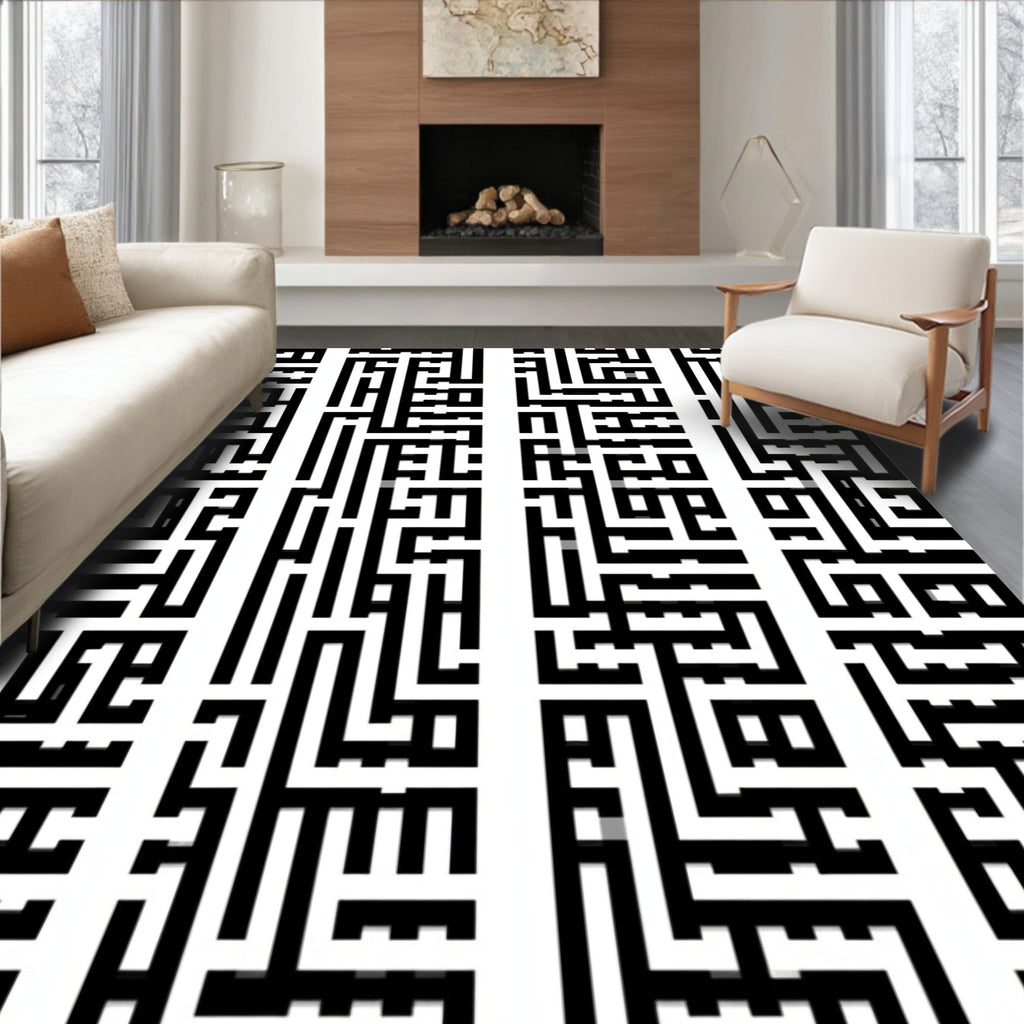 Abstract Black White Maze Pattern Rug