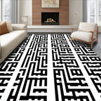Abstract Black White Maze Pattern Rug