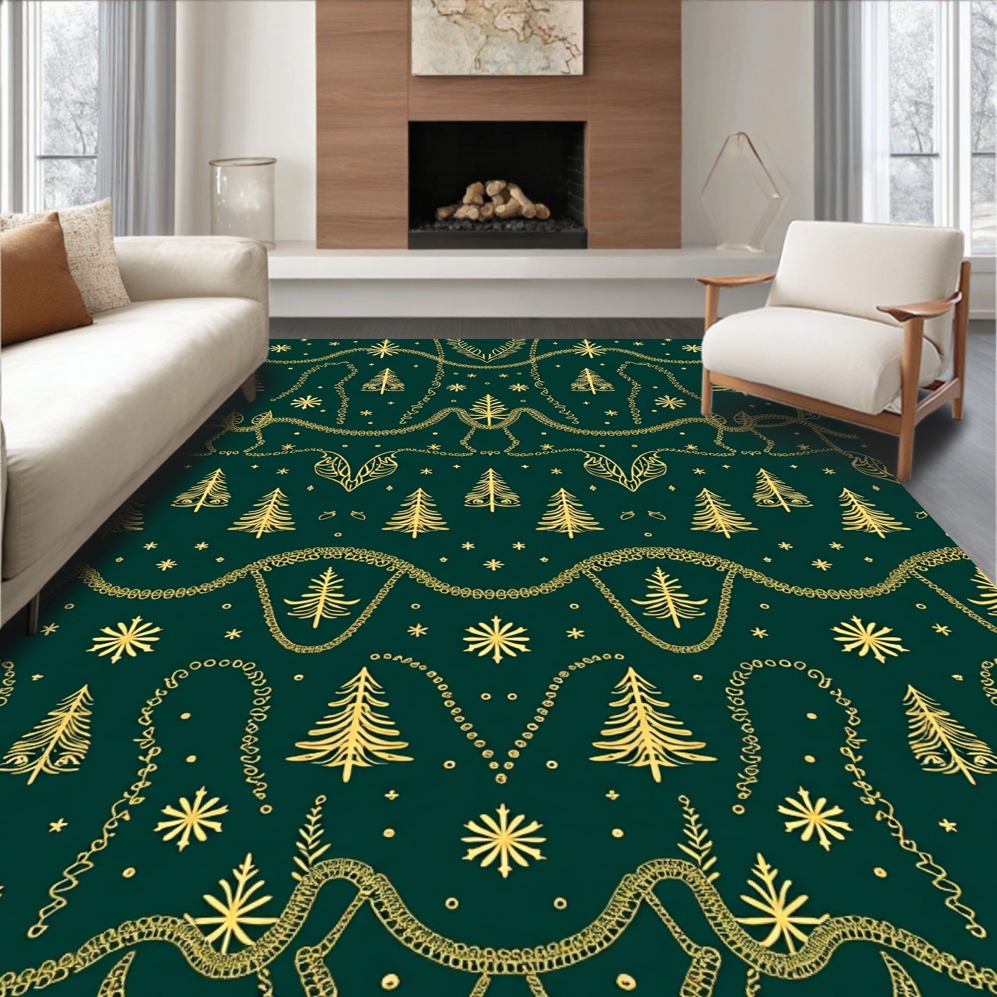 Golden Christmas Trees Garland Rug