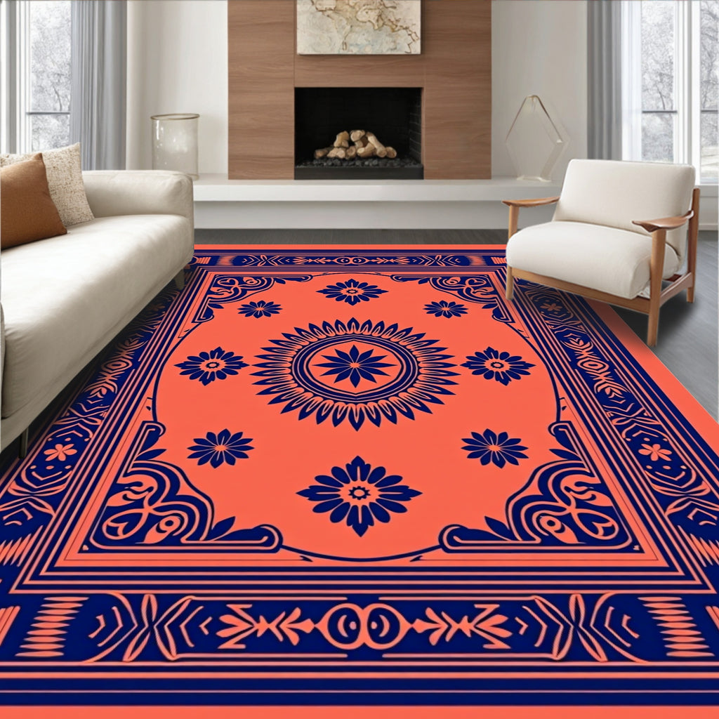 Orange And Blue Floral Pattern Rug