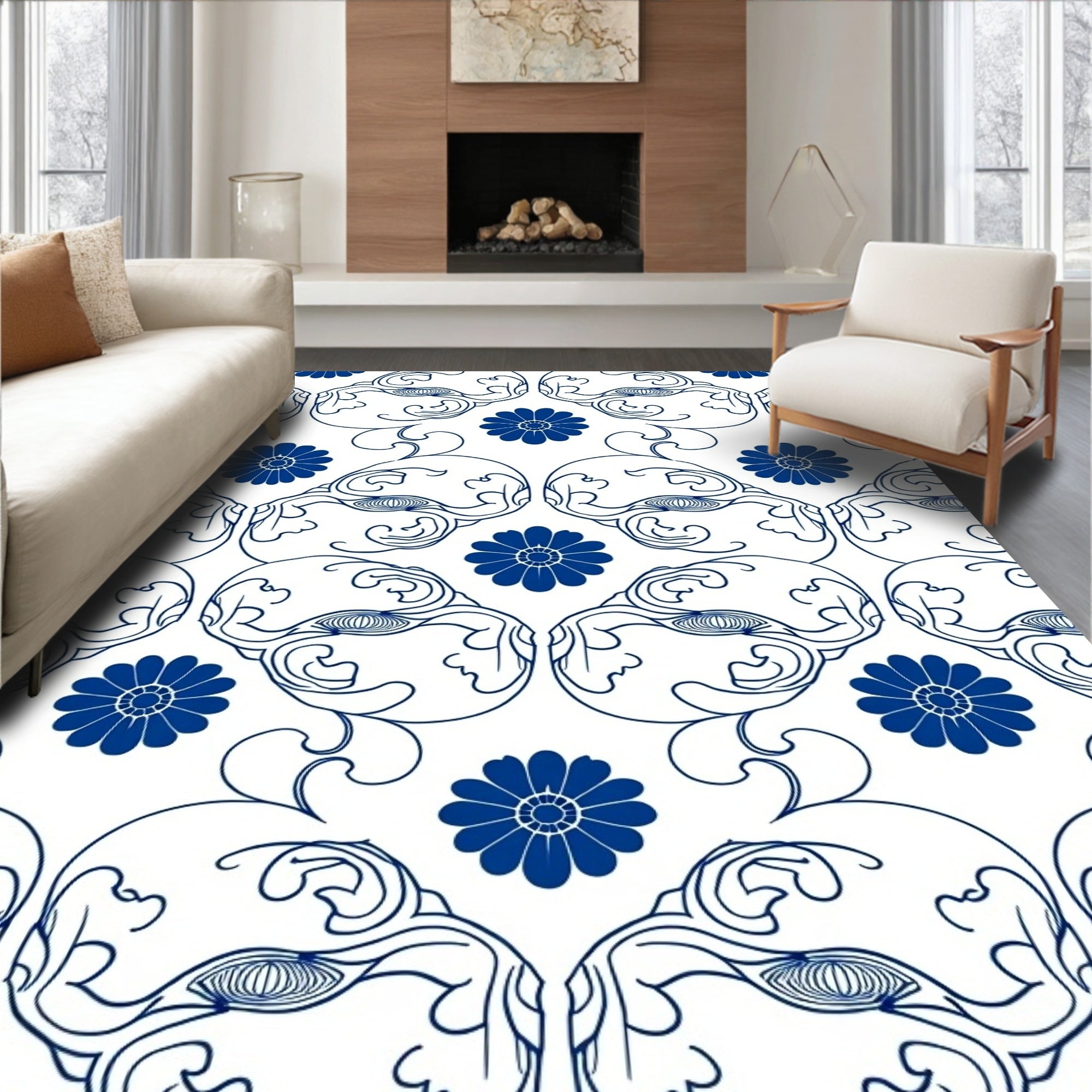 Blue Floral Intricate Scroll Pattern Rug