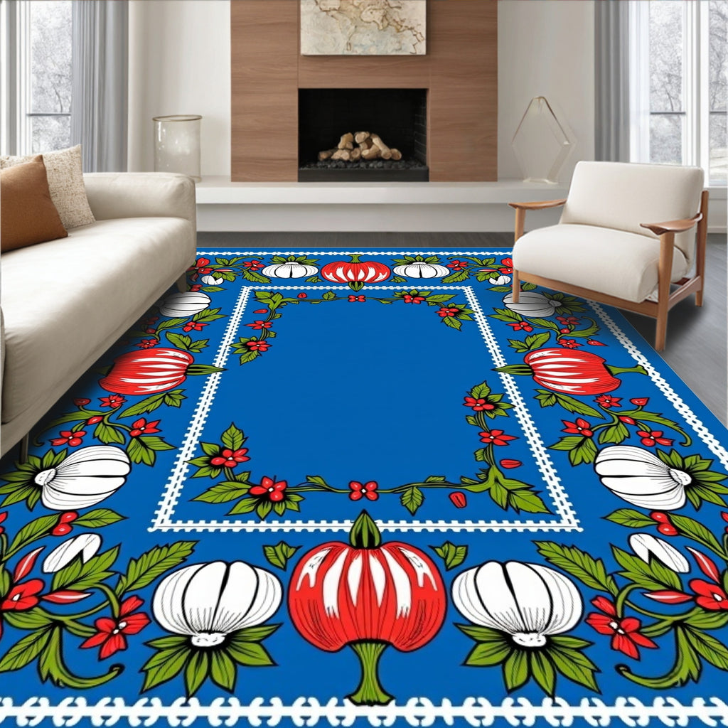 Vivid Blue Botanical Pumpkin Frame Rug
