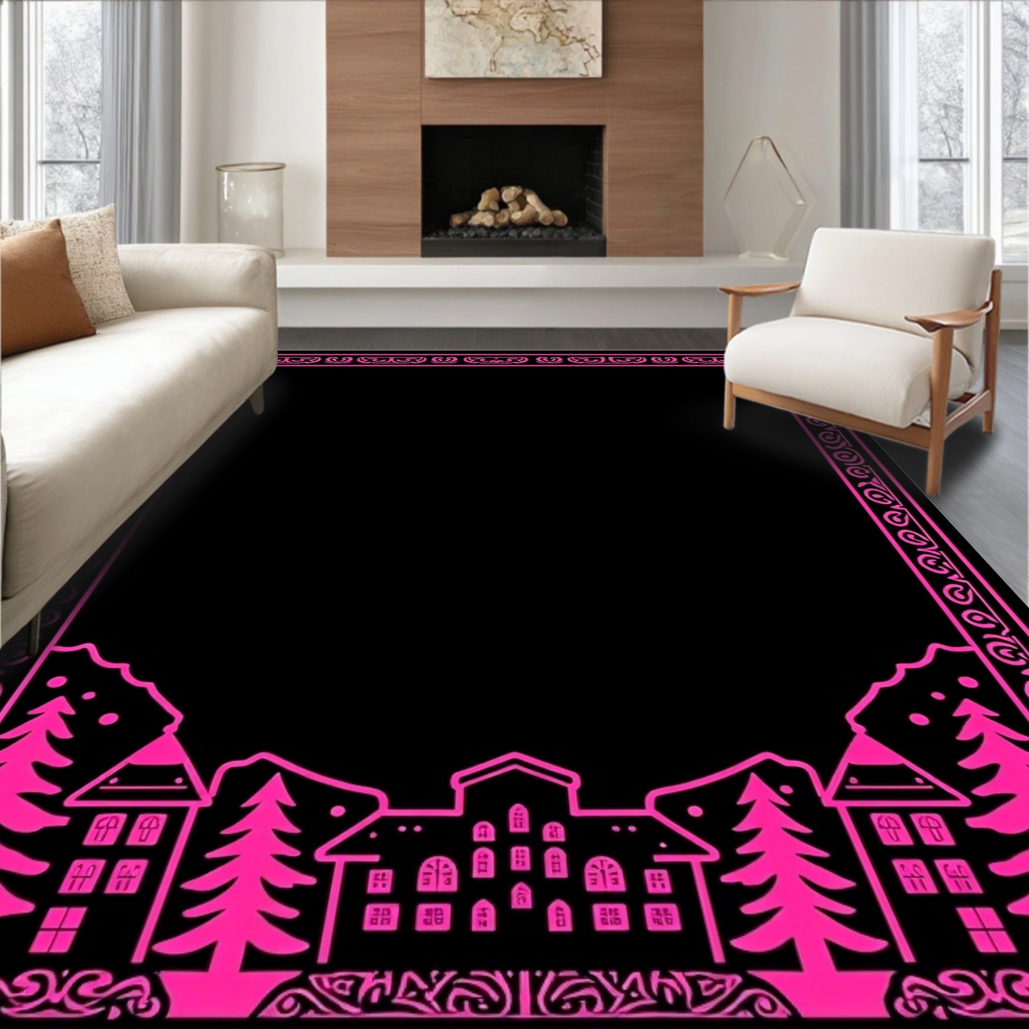 Vibrant Pink Village Mountain Border Rug