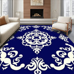 Elegant Blue Ivory Scrollwork Damask Rug