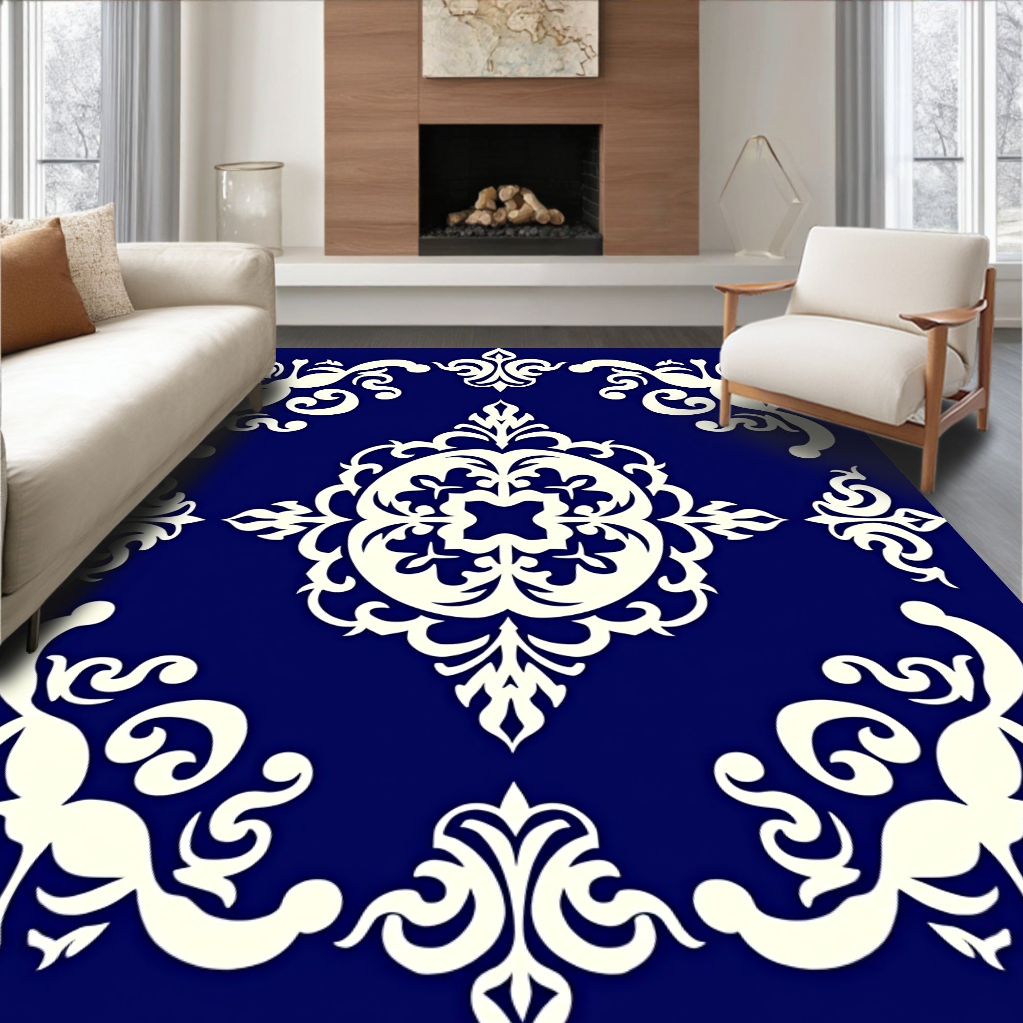 Elegant Blue Ivory Scrollwork Damask Rug