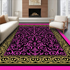Vibrant Pink Gold Scrollwork Design Rug