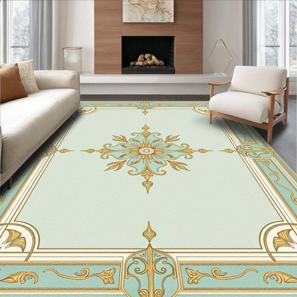 Ornate Teal Gold Floral Frame Rug