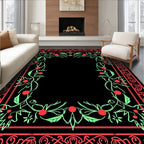 Coral Green Floral Vines Border Rug
