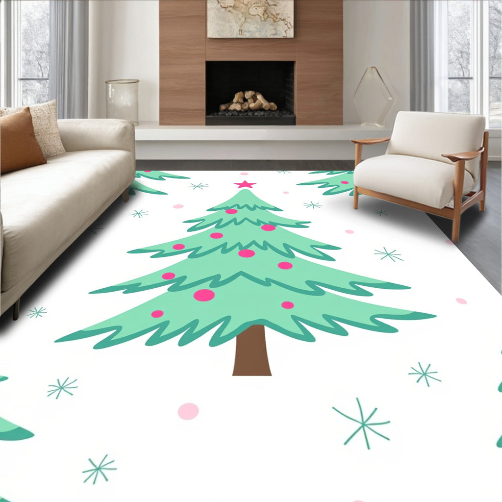 Teal Christmas Trees Pink Star Snowflakes Rug