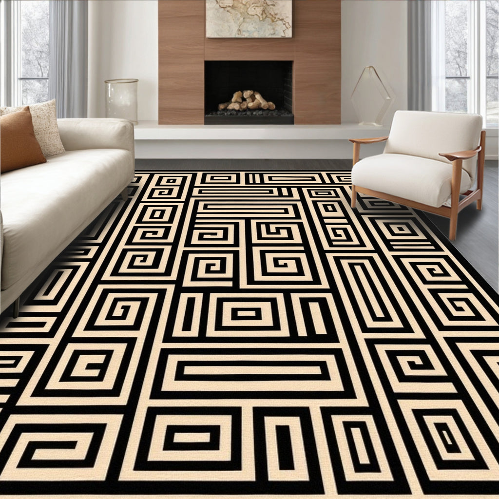 Geometric Black Cream Maze Design Rug