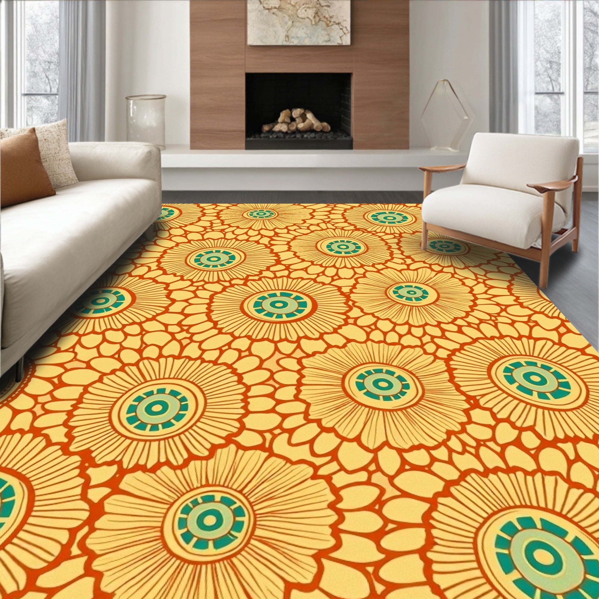 Retro Floral Sunburst Pattern Rug