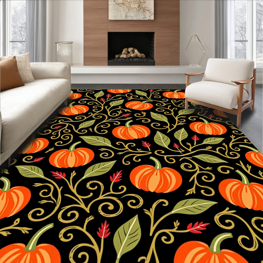 Orange Pumpkin Vine Swirl Black Rug