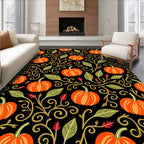 Orange Pumpkin Vine Swirl Black Rug