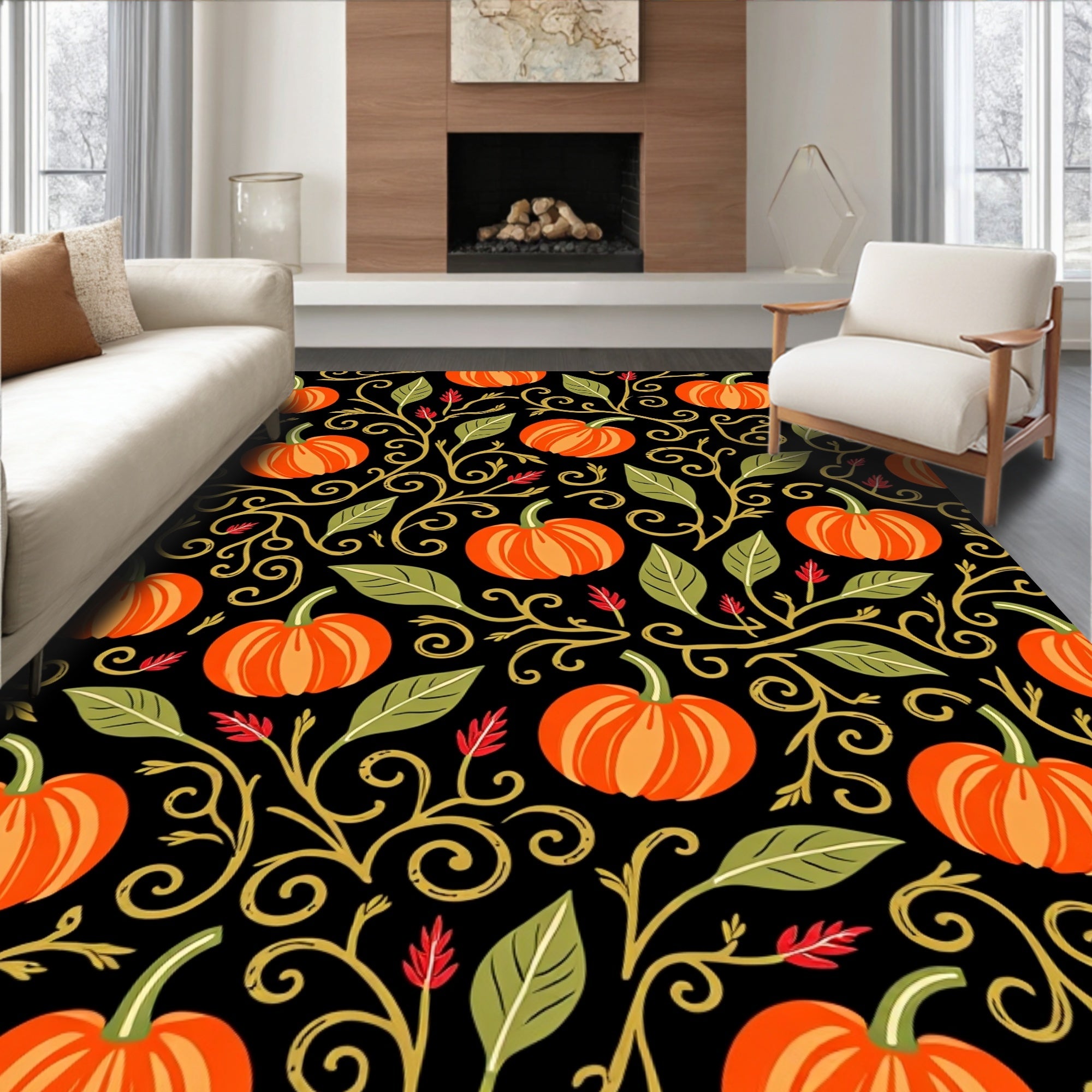 Orange Pumpkin Vine Swirl Black Rug