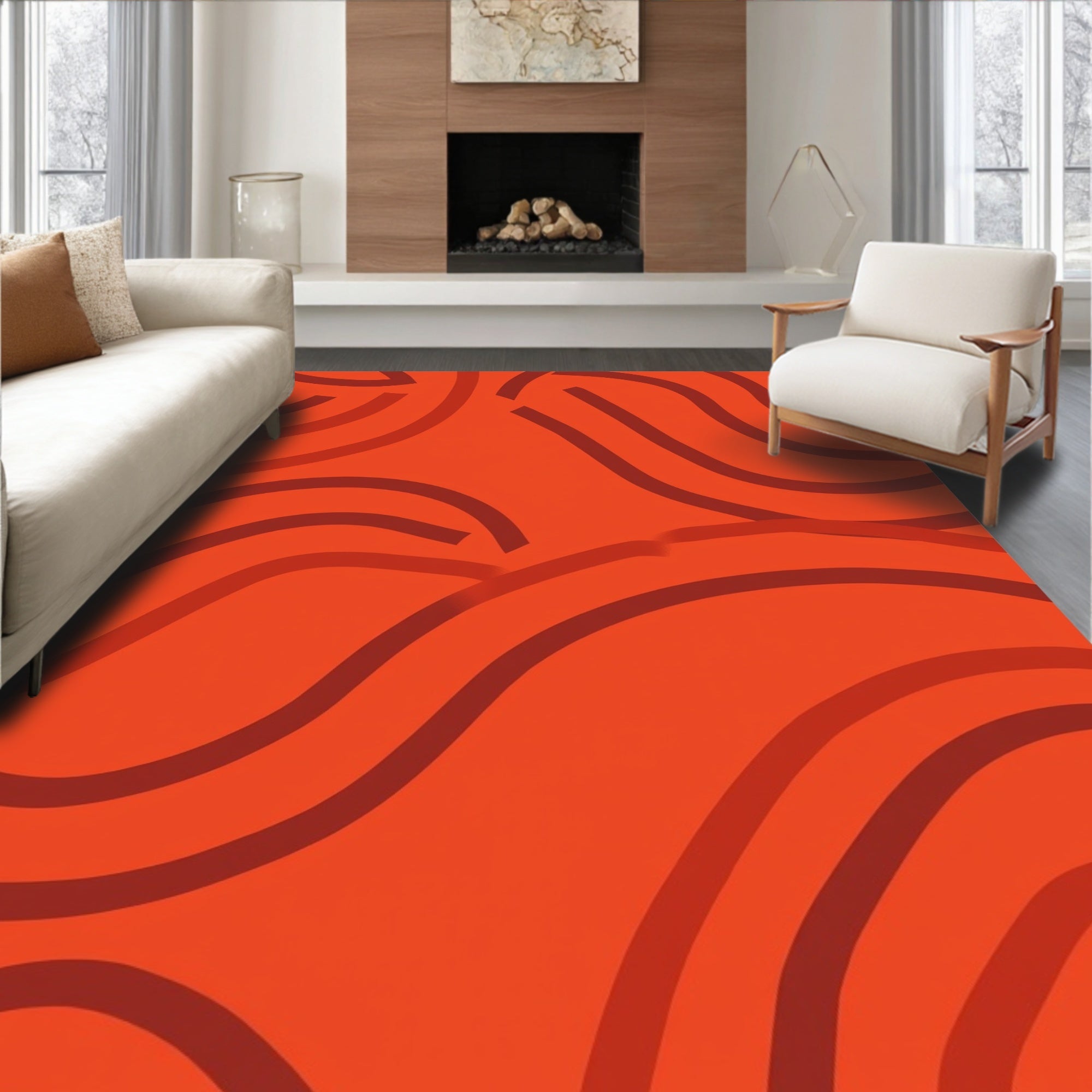 Abstract Orange Wavy Swirl Pattern Rug