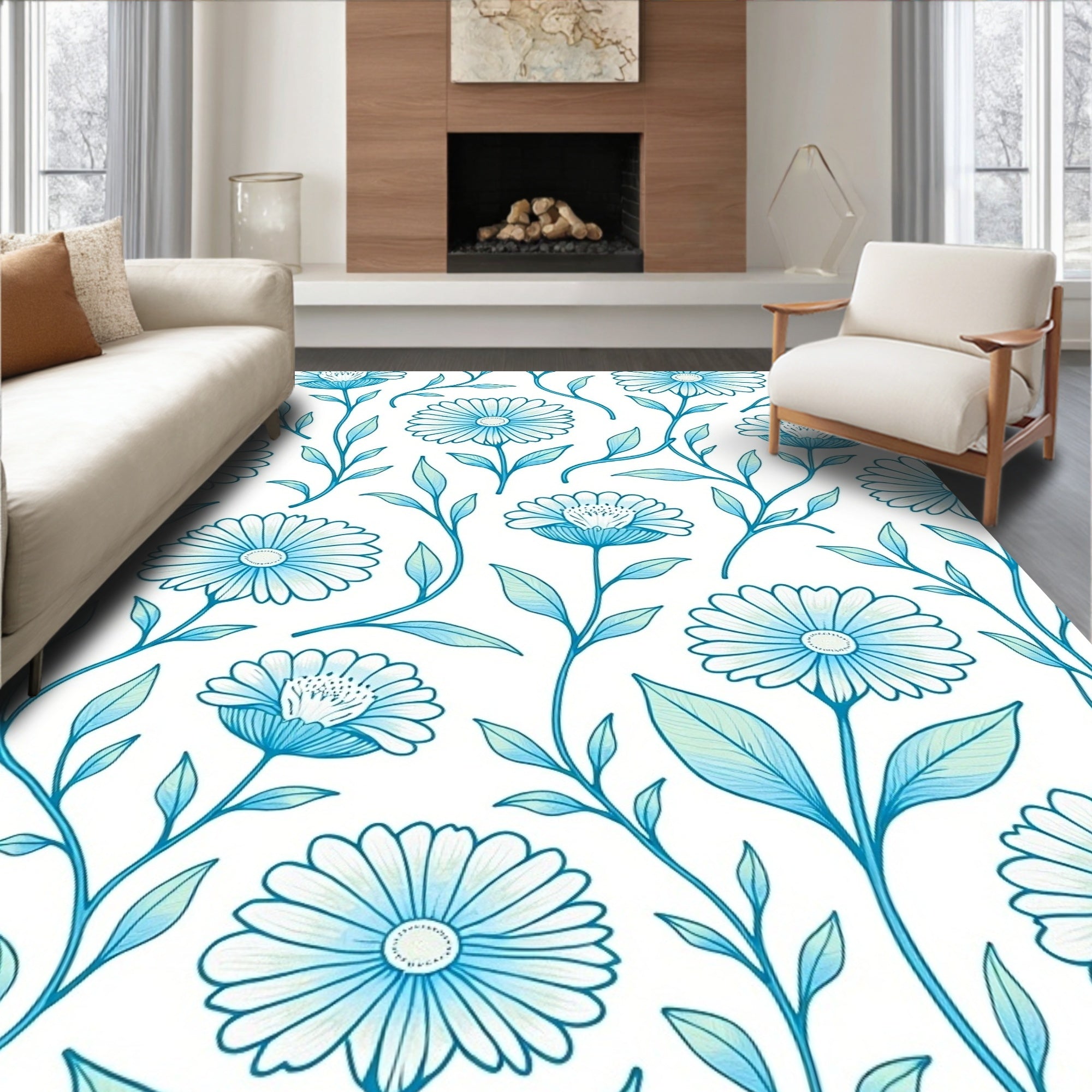 Elegant Floral Vine Blue Pattern Rug