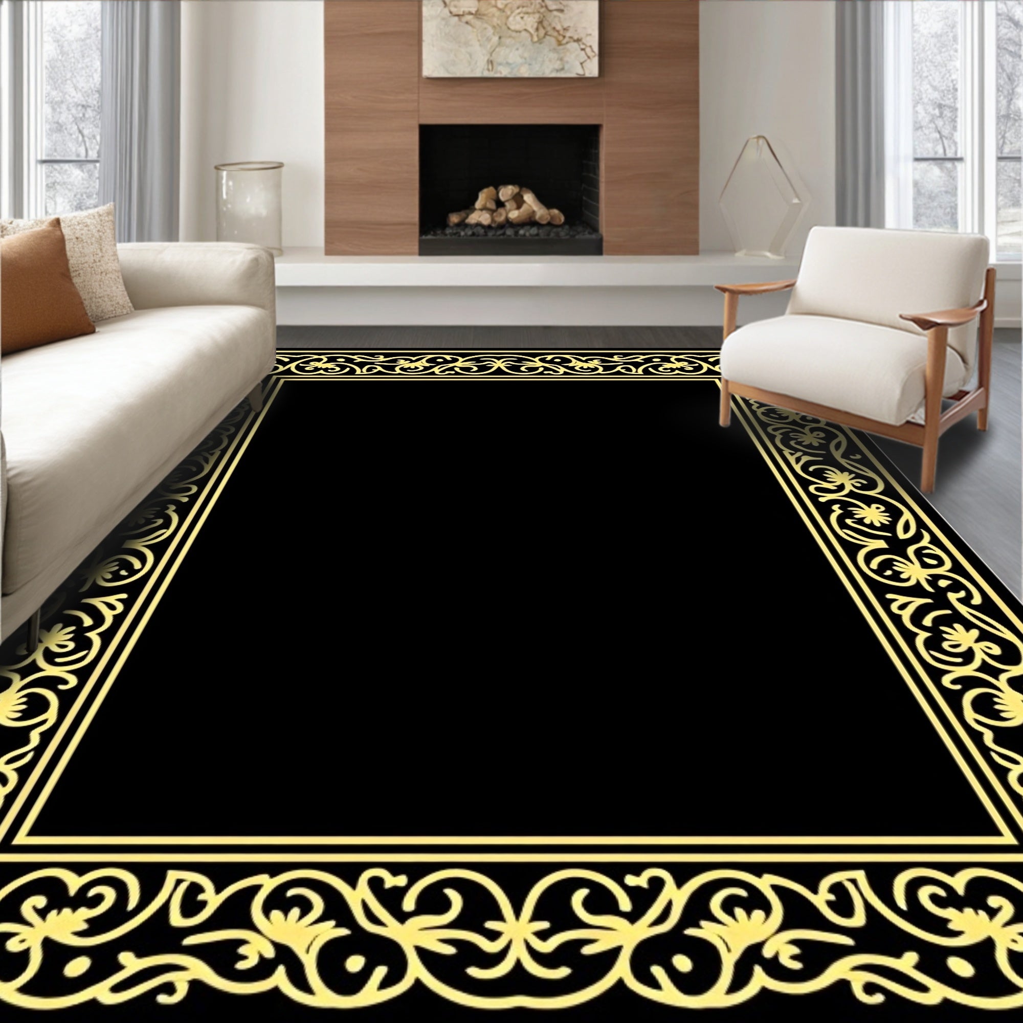 Ornate Floral Scroll Border Design Rug