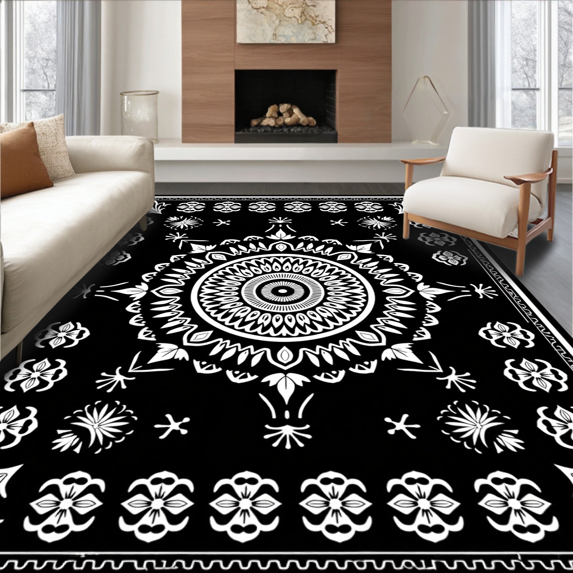 Black White Mandala Floral Pattern Rug