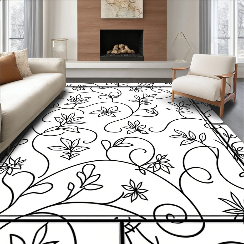 Elegant Swirl Floral Outline Design Rug