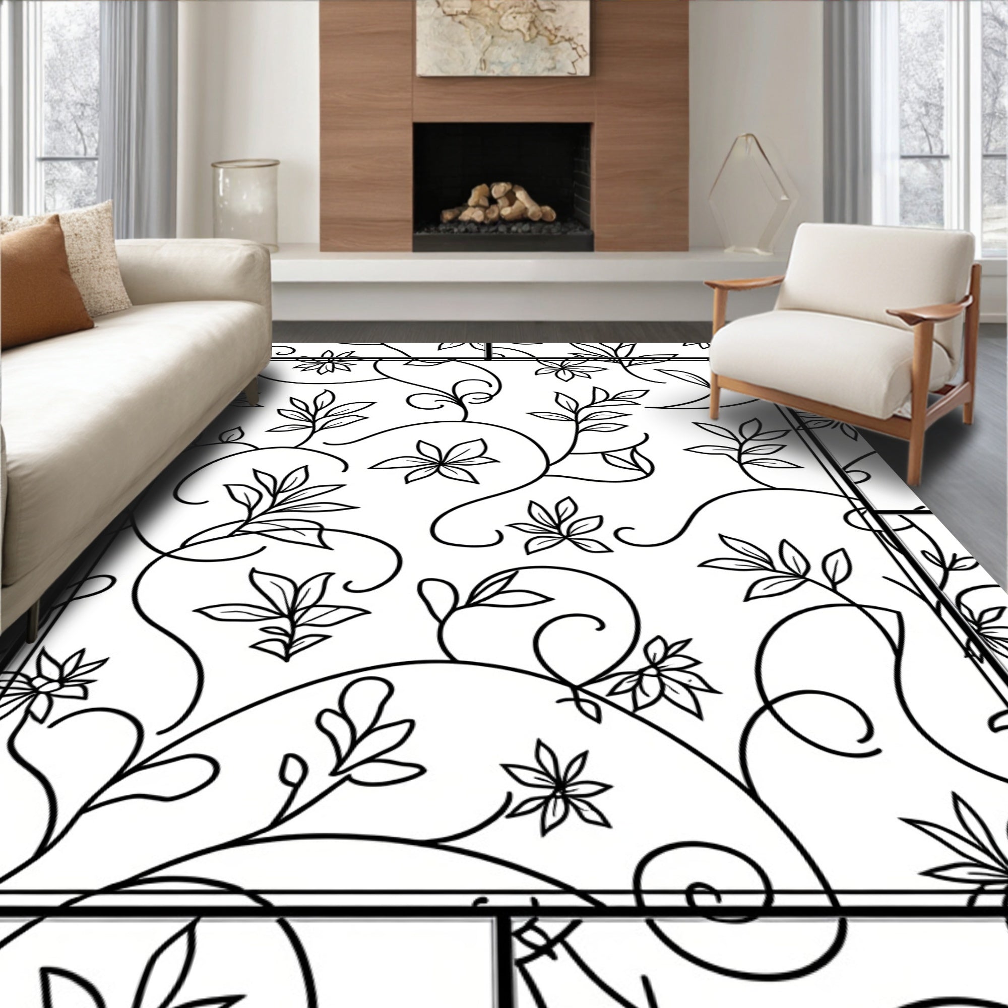 Elegant Swirl Floral Outline Design Rug