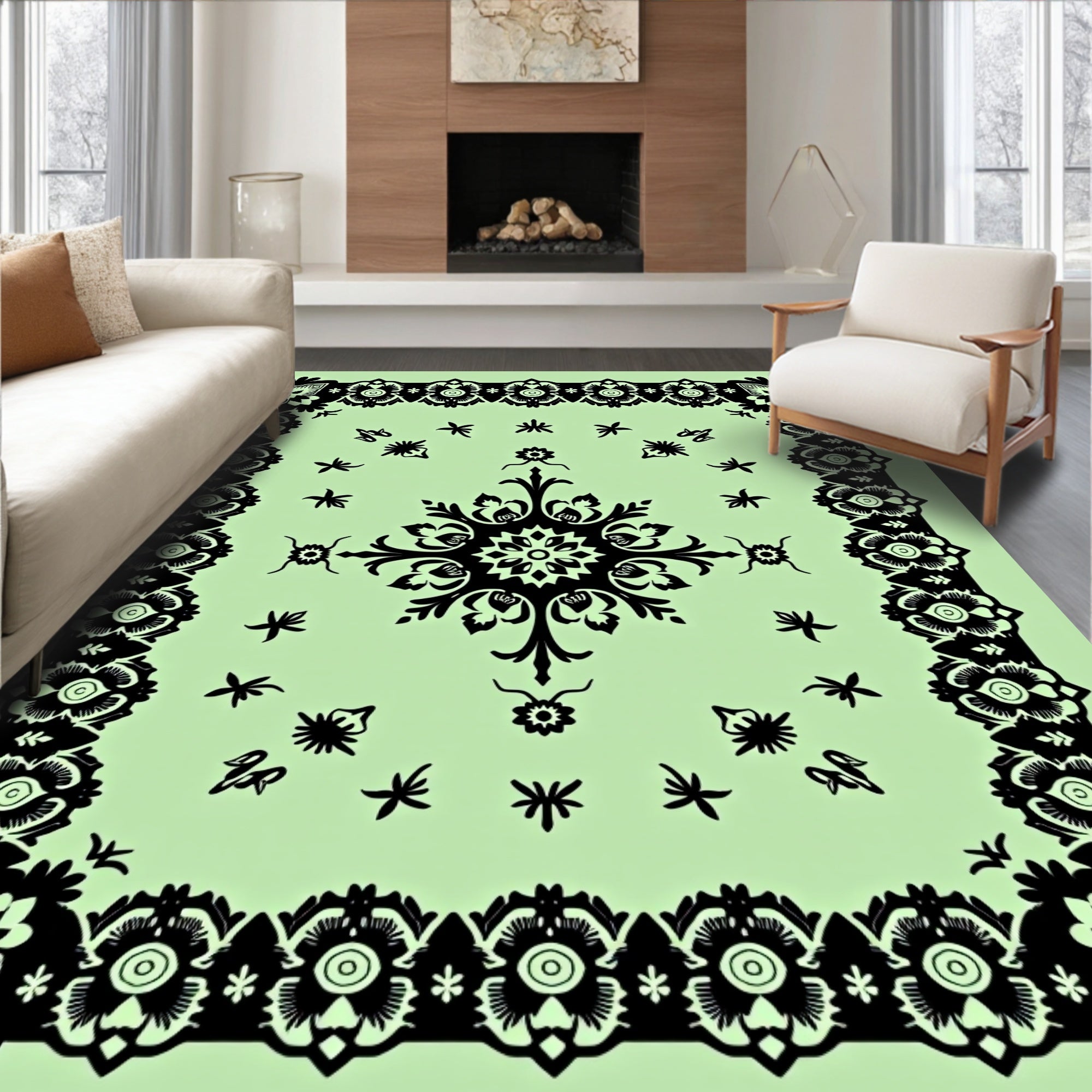 Ornate Floral Mandala Black Light Green Rug
