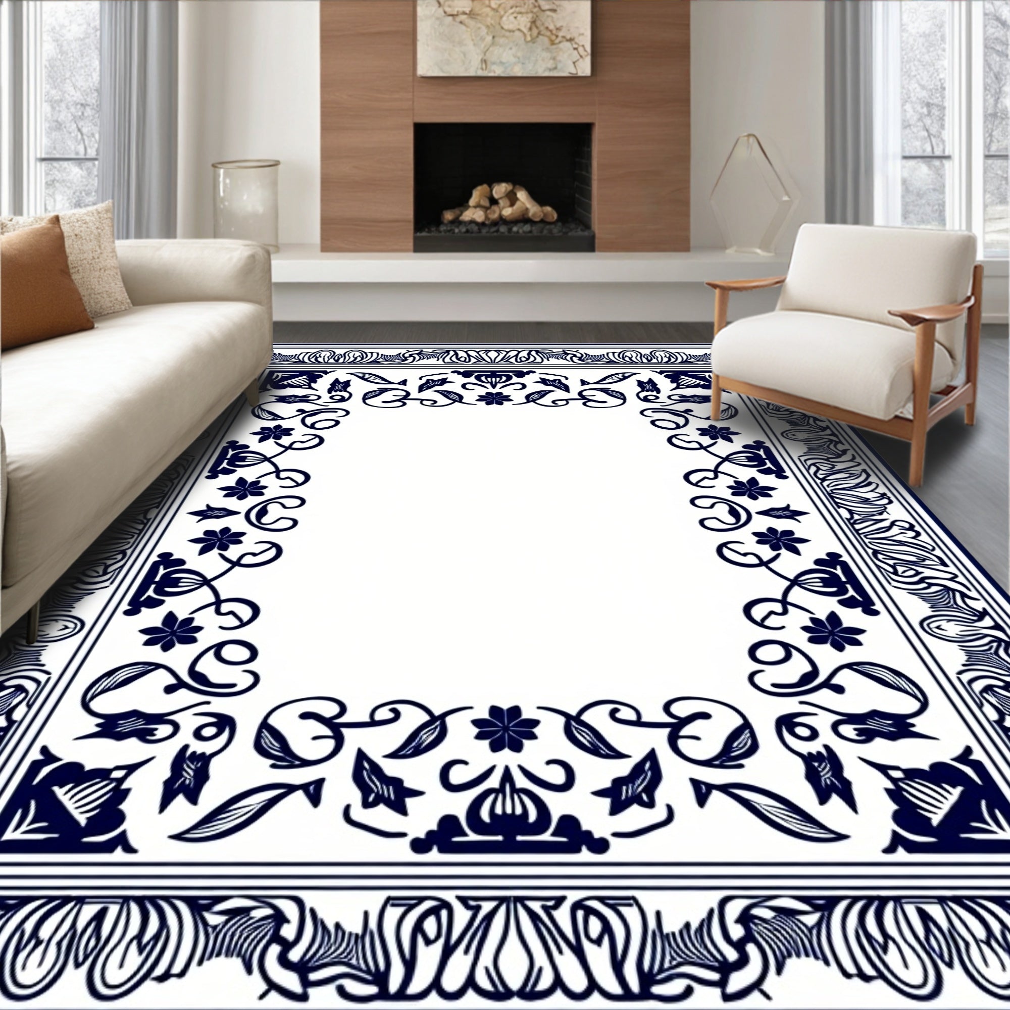 Intricate Indigo Floral Border Design Rug