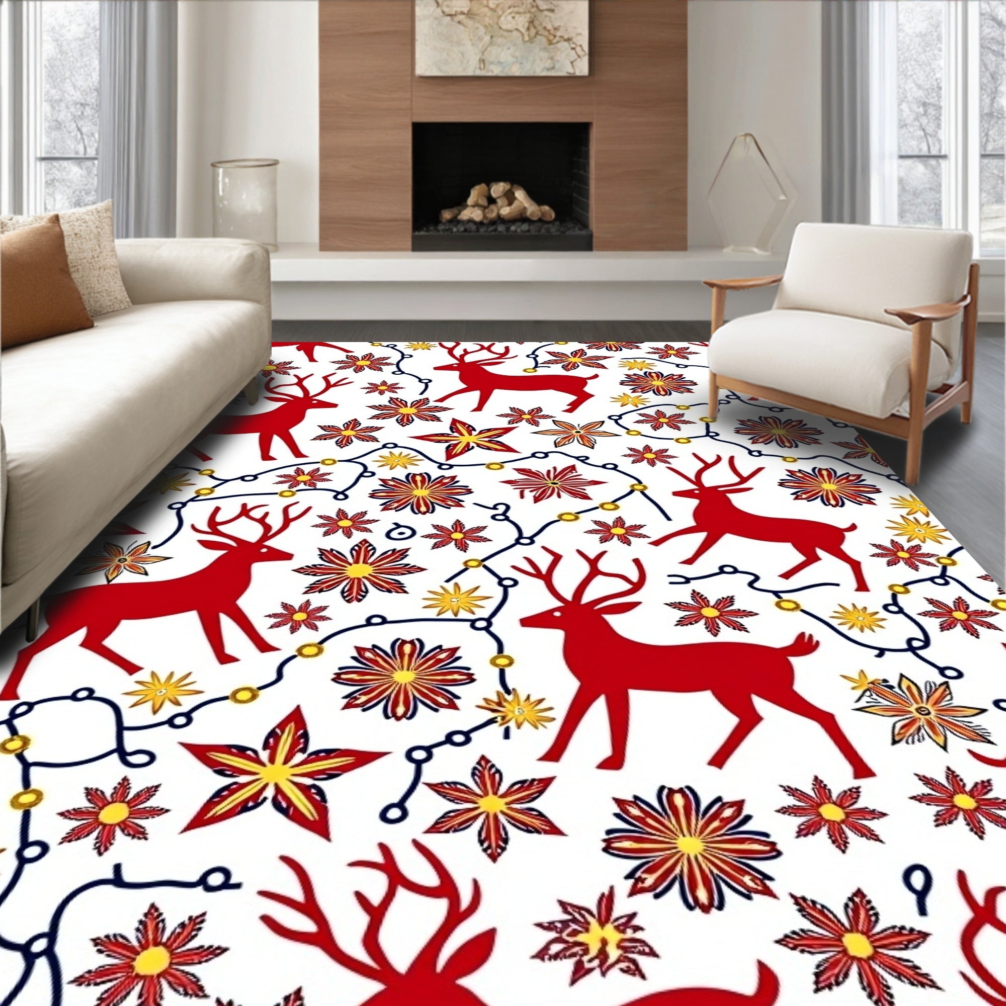 Red Deer Festive Flower Garland Rug