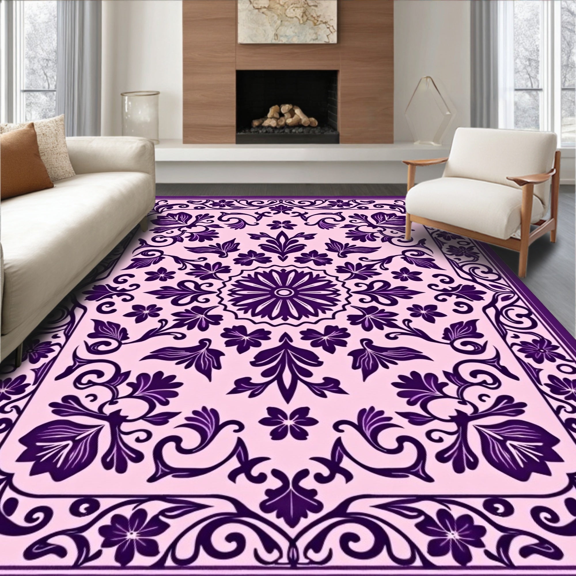 Ornate Violet Pink Floral Design Rug