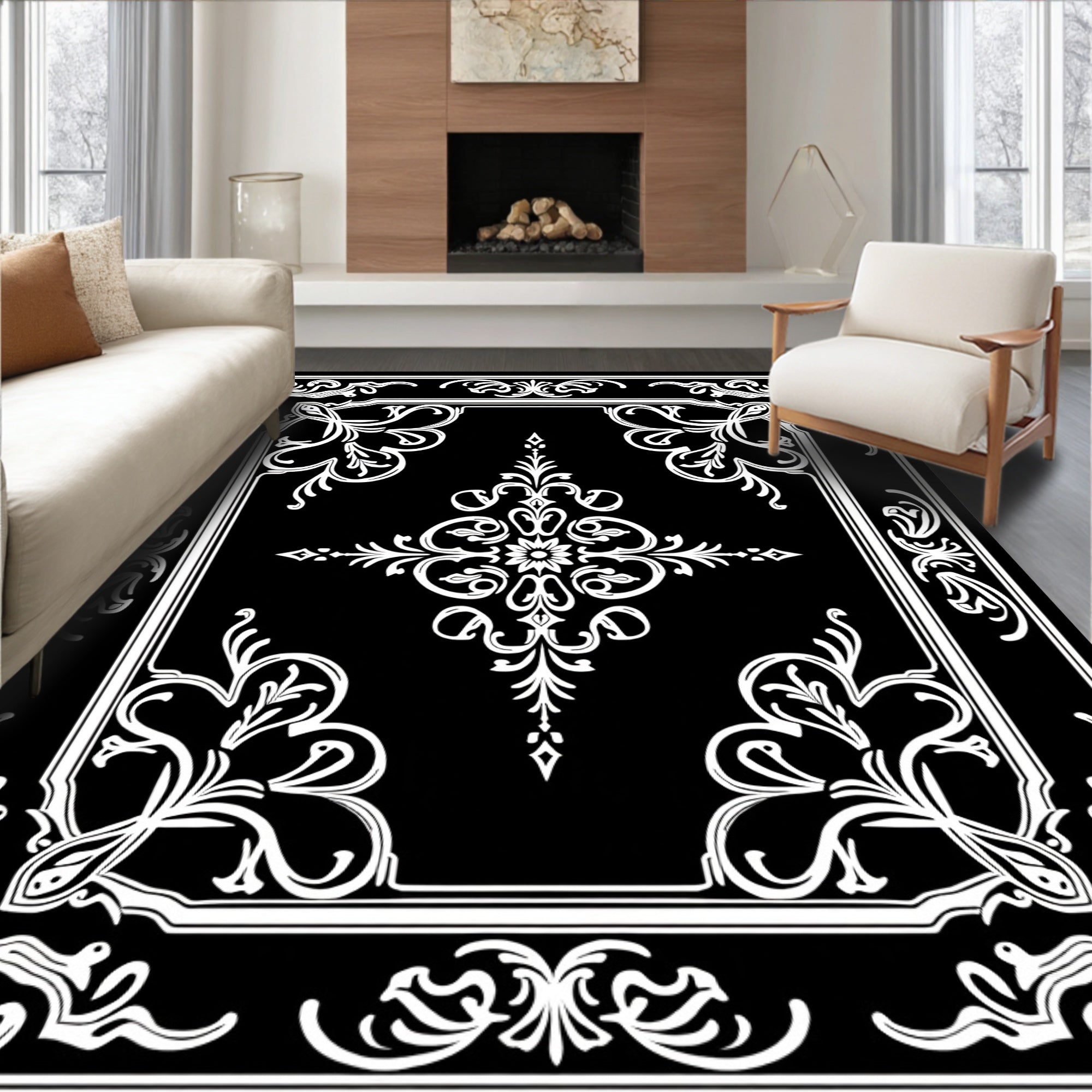 Elegant White Floral Scrollwork Design Rug