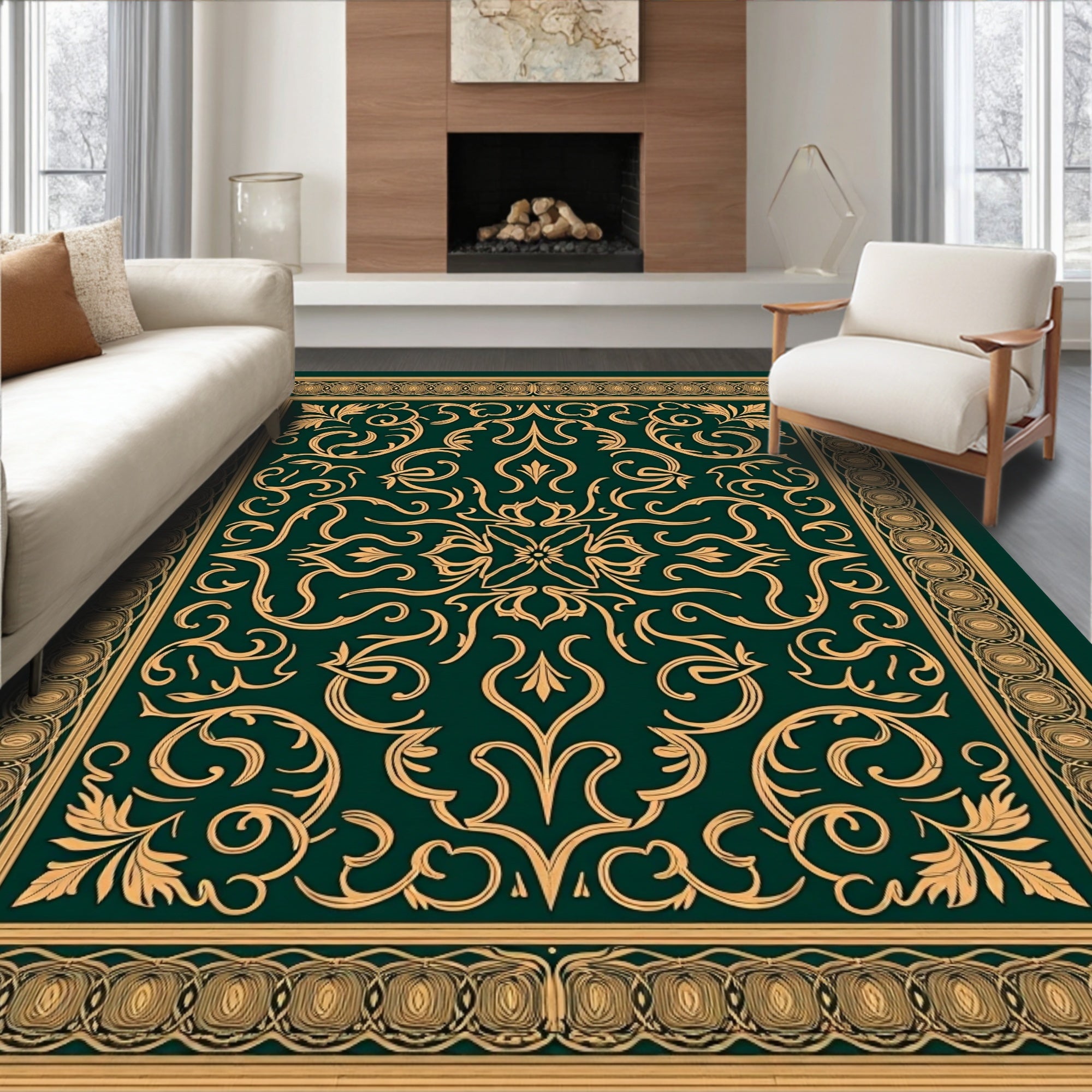 Elegant Gold Swirl Floral Pattern Rug